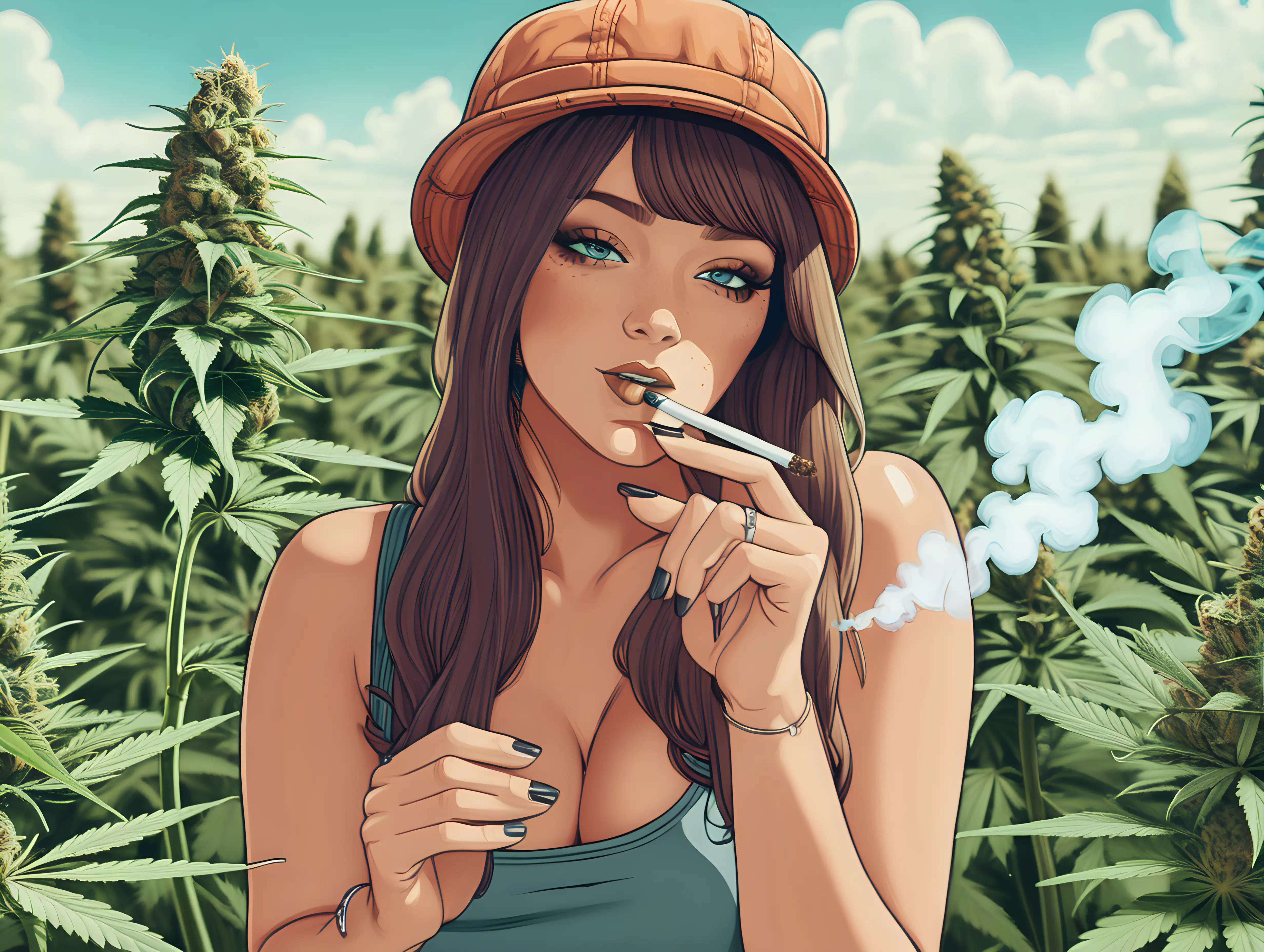 Sexy Woman smoking a joint in a field of cannabis





