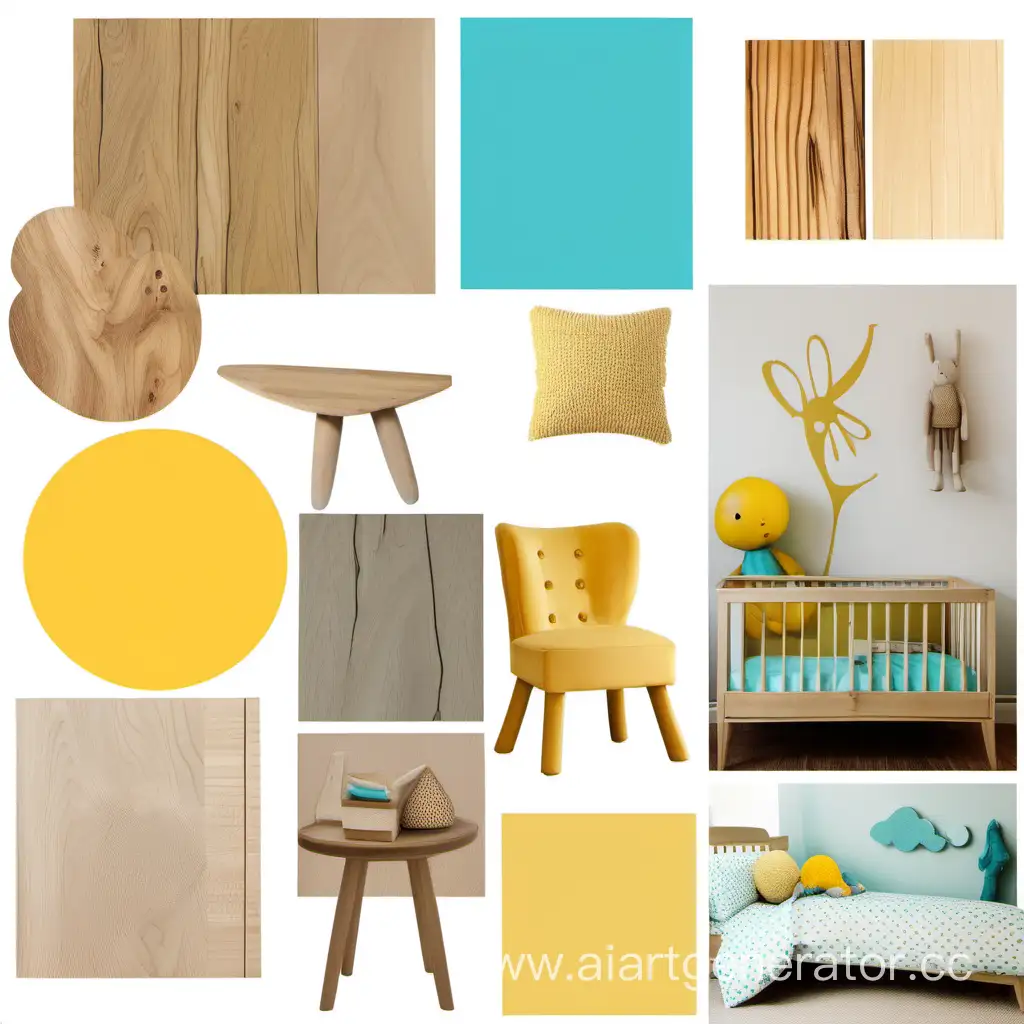 yellow,turquoise blue, beige and wood colour palete  children's bedroom interior design mood board