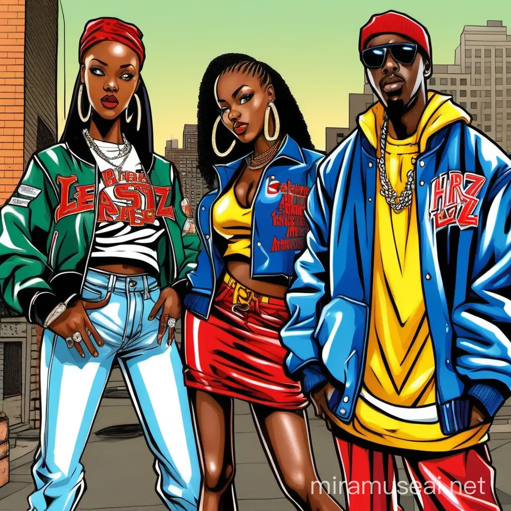 African american rappers with letterman jackets,patches durags bandanna and sexy women dresses braws flashy colorful dresses stylish longer hairstyles in fashion clothing hiz & herz clothing store in background 2007 late 2000s commercial cartoon model