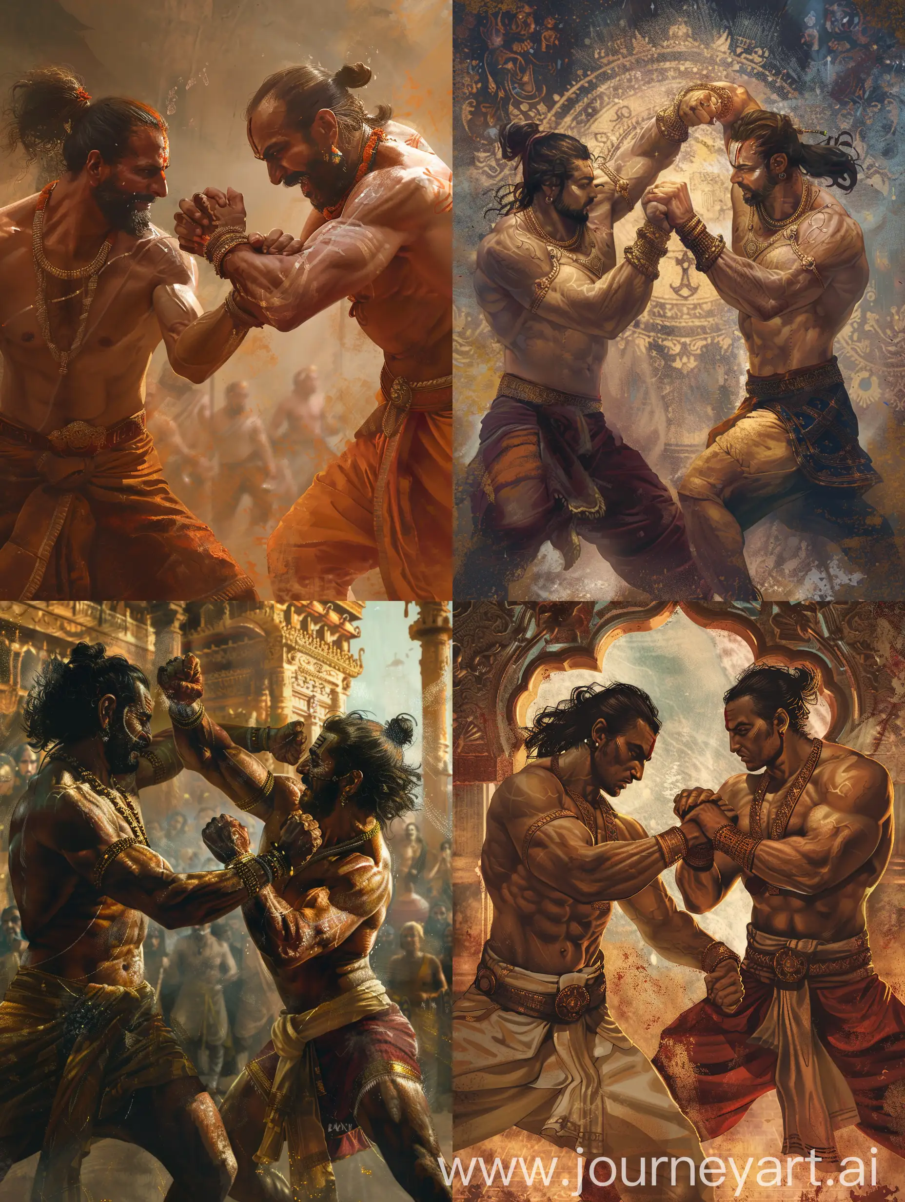 Two muscular fairly toned Indian man from ancient times, sparring, intricate details, 8k quality image in Raj Ravi Varma art style --ar 9:16 --v 6