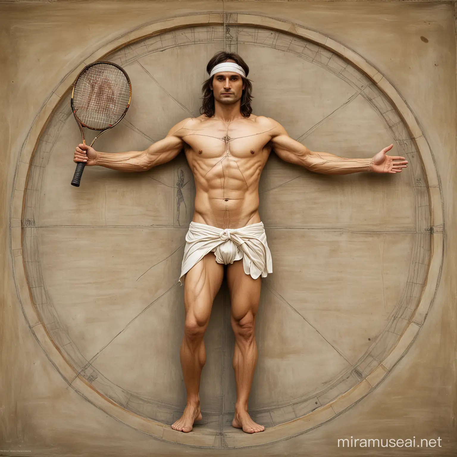 David Ferrer vestido de tenista y representando el hombre de Vitruvio de Leonardo Da Vinci, sujetando una sola raqueta de tenis en la mano. Se observa el cuerpo completo.