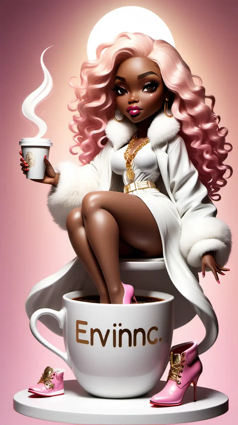 Envision a charming Chibi-style illustration
featuring a beautiful, curvy African American
woman sitting in a giant coffee cup. Picture her with long pink and
blonde hair, adorned with long lashes and
light pink gloss on her full lips, complemented by stylish accessories. The winter background sets the scene. She
confidently wears a pink sweatshirt with 'What’s In Your Cup?!' in white lettering,
paired with a white fur jacket, leather pants,
and pink high-heeled boots. A gold necklace
completes her ensemble as she sits in the cup dazing
 with a vigilant African American chibi woman angel with glowing long brown and gold highlights wavy hair dressed in a long white shiny white heavenly robe standing next to her right side,
capturing intricate details that embody the essence of her unique style..