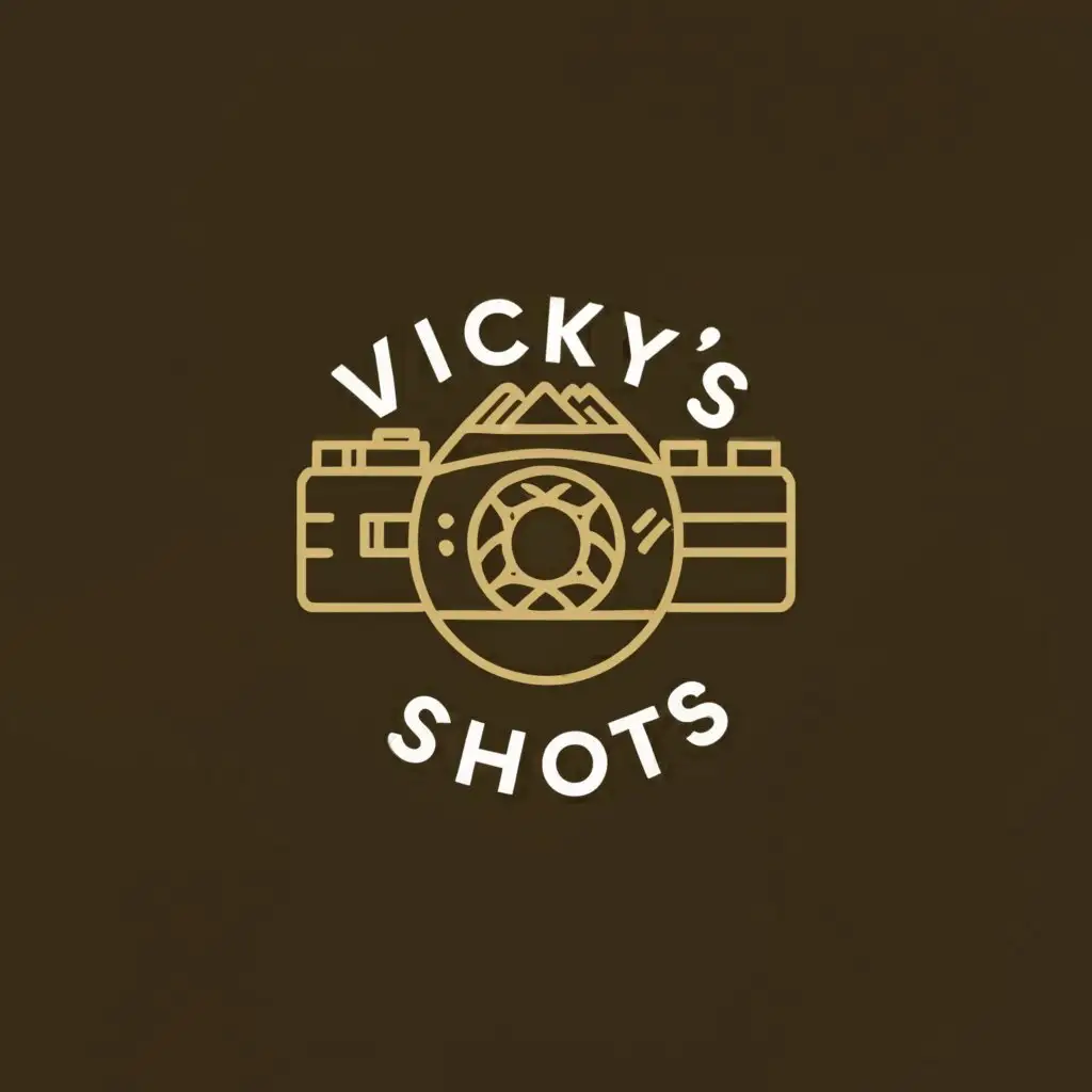 a logo design,with the text "Vicky's Shots", main symbol:camera, mountains, scenery photography,Moderate,clear background