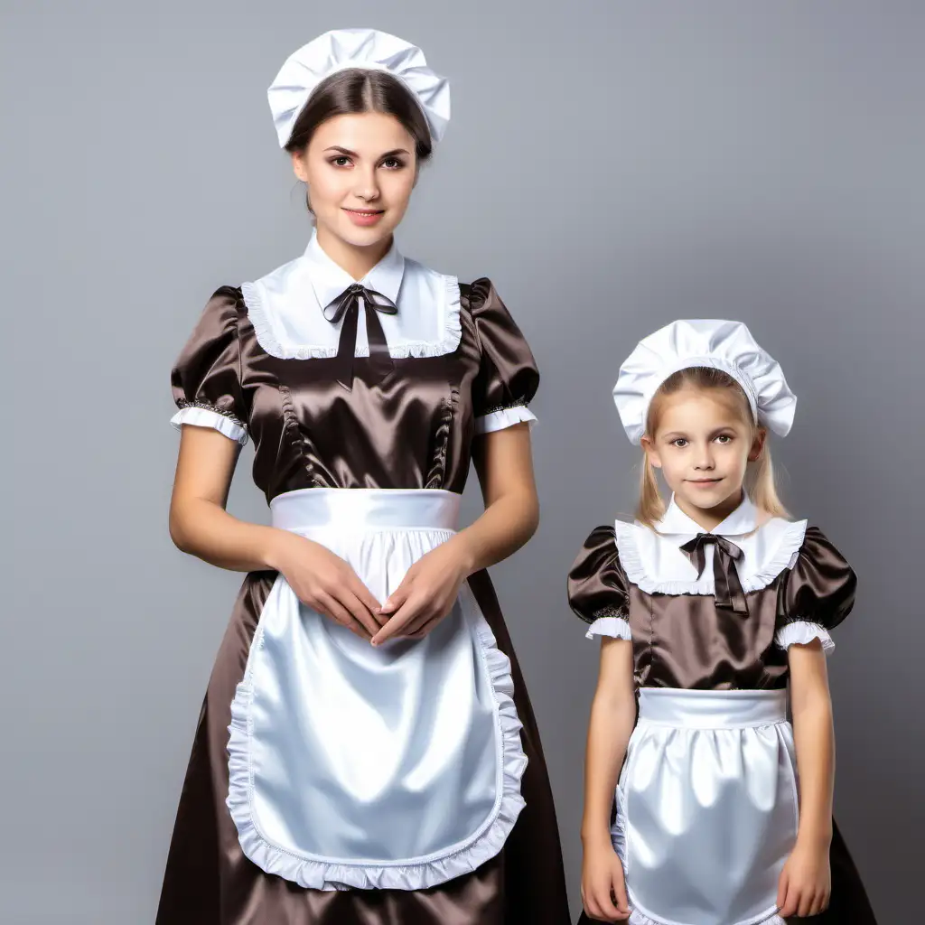 european Girl in satin long maid uniforms,grandmother and daughter with retro maid uniforms