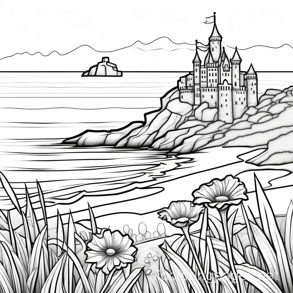 single flower planted by the ocean with castle in background, Coloring Page, black and white, line art, white background, Simplicity, Ample White Space. The background of the coloring page is plain white to make it easy for young children to color within the lines. The outlines of all the subjects are easy to distinguish, making it simple for kids to color without too much difficulty