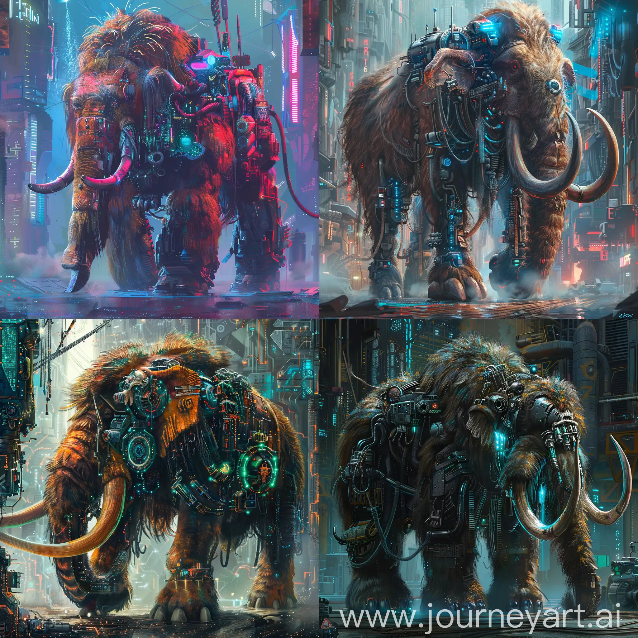  Cyberpunk Mammoth, Very hairy, lots of technology, detailed background, Luminism, Matrix, Colorful, hyperdetailed, 32k, –quality 5