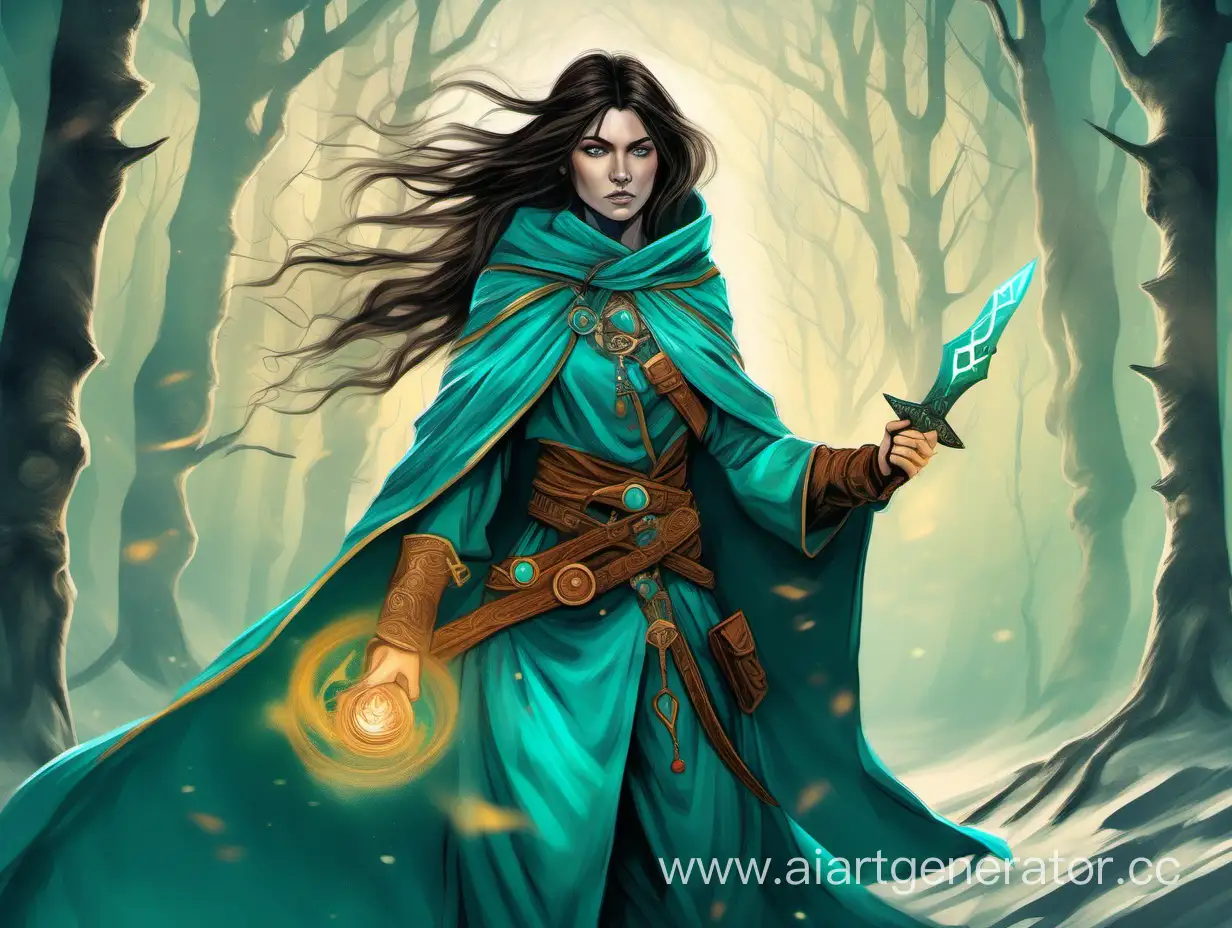 Девушка маг,с маленьким кинжалом на поясе,с другой стороны пояса руны ,одета в берюзовую мантию ,берёзовые цвета,фентези стиль ,в руке сосредоточена энергия магии 