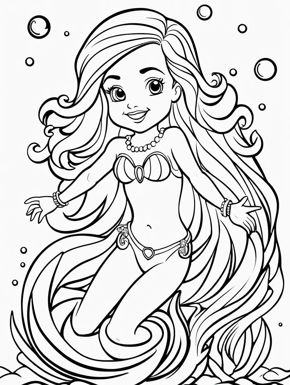 Very easy coloring page for 3 years old toddler. Smile little mermaid swim. Jewelry. Without shadows. Thick black outline, without colors and big details. White background.