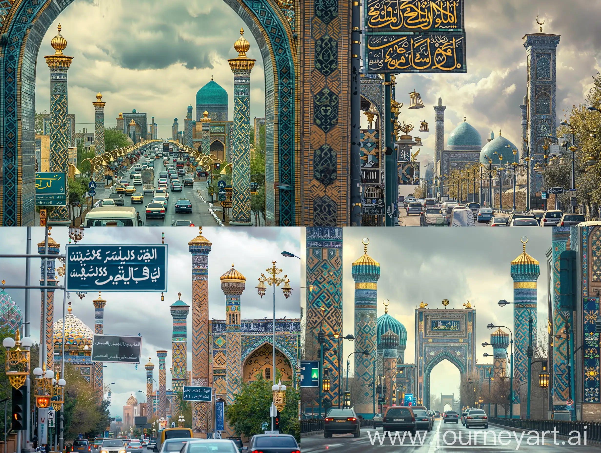 View of a parus street with traffic, full of Uzbekistan style Islamic architectures having persian tiles and persian design and golden finials ornaments, arabesque framed traffic signs and decorated direction signs, ornamented Moorish styled street lights around road, cloudy weather --ar 4:3