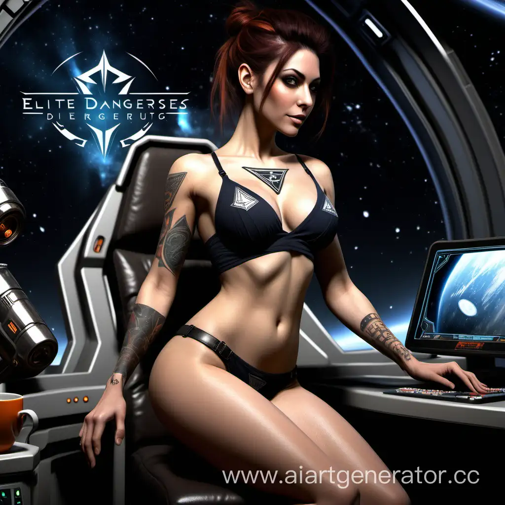 стиль из игры Elite Dangerous, красивая девушка пилот космического корабля в нижнем белье но обнаженной грудью с татуировкой на теле, она заваривает кофе в своем космическом корабле, на кружке логотип с названием "ELITE DANGEROUS"