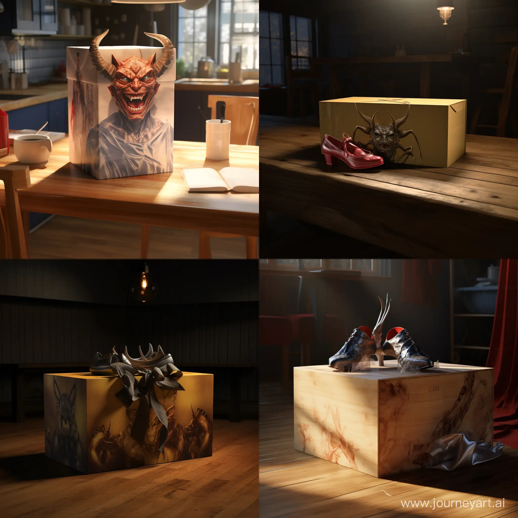 box wrapped with tape, standing on the table, from the box you can see the devil's toy (heels, sharp teeth, grin, horns), warm lighting, hyperrealism, 8K image quality, ultra detail 