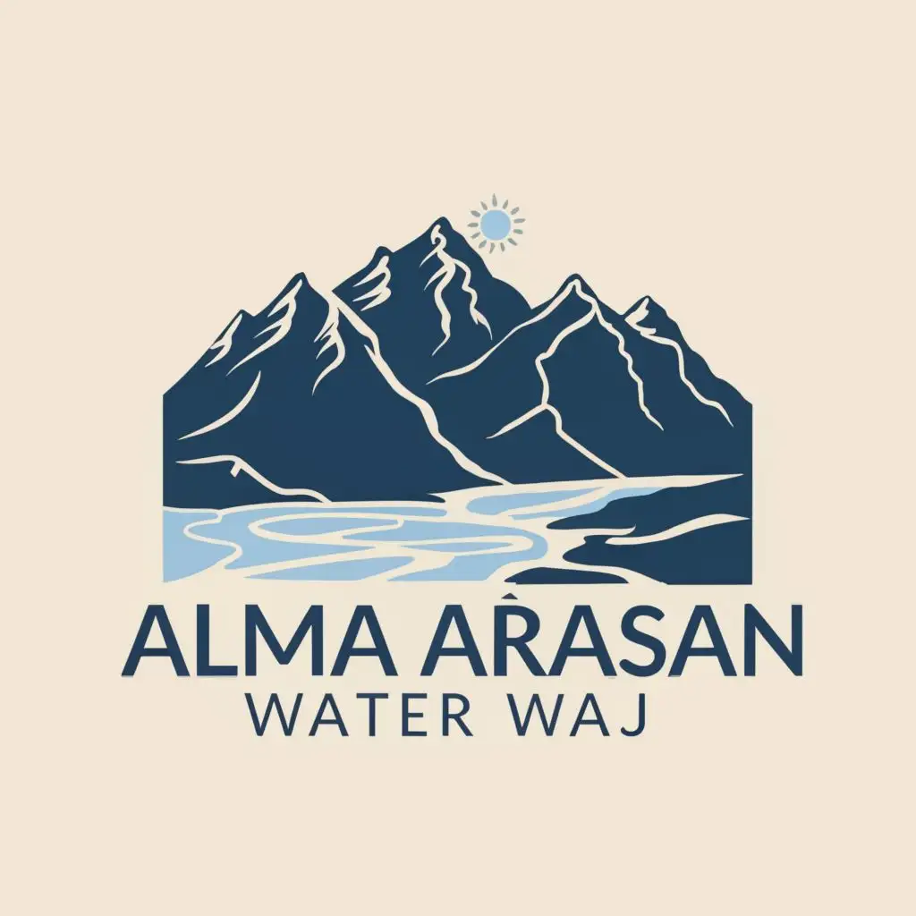 logo, mountains/river, with the text "Alma Arasan Water", typography, blue and white
