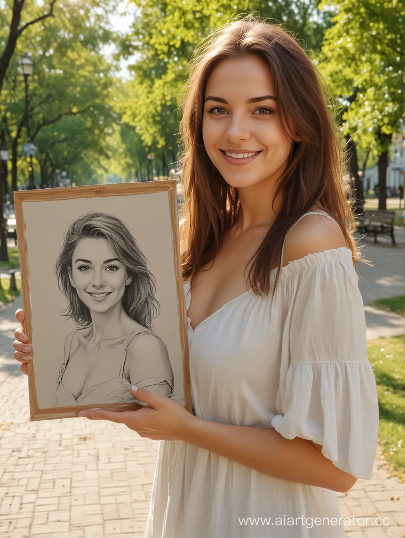 A happy, beautiful adult girl holds a portrait on canvas in her hands. Full-length. realistic. High definition. The exact drawing of the hands. High quality. on the street in the park