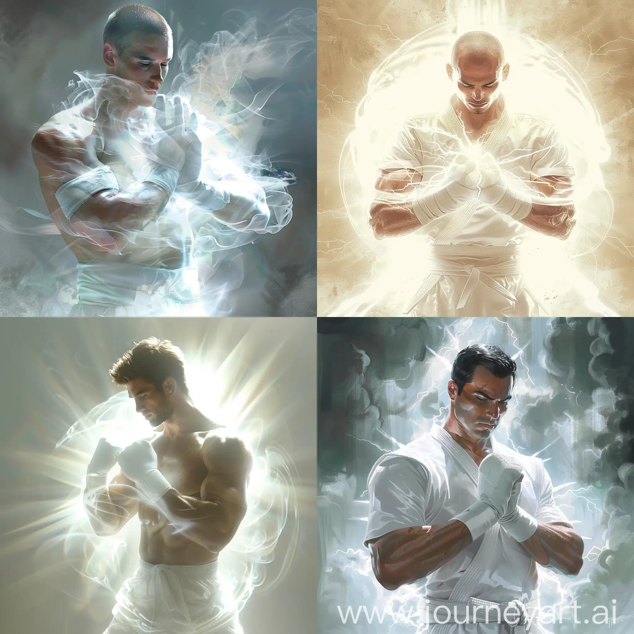 Tranquil-Man-in-Combat-Stance-with-White-Aura-and-Gloves