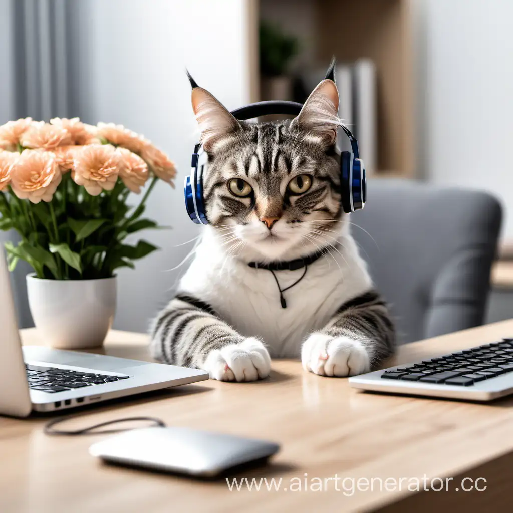 /img Котик из службы поддержки в наушниках за компьютером, на столе стоит кружка, за спиной у котика стоит небольшой цветок