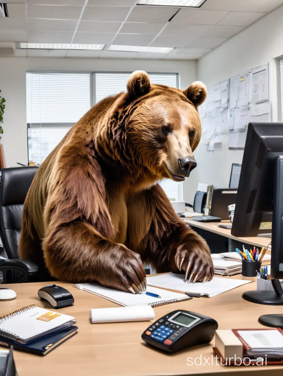 a Brown bear working in a office