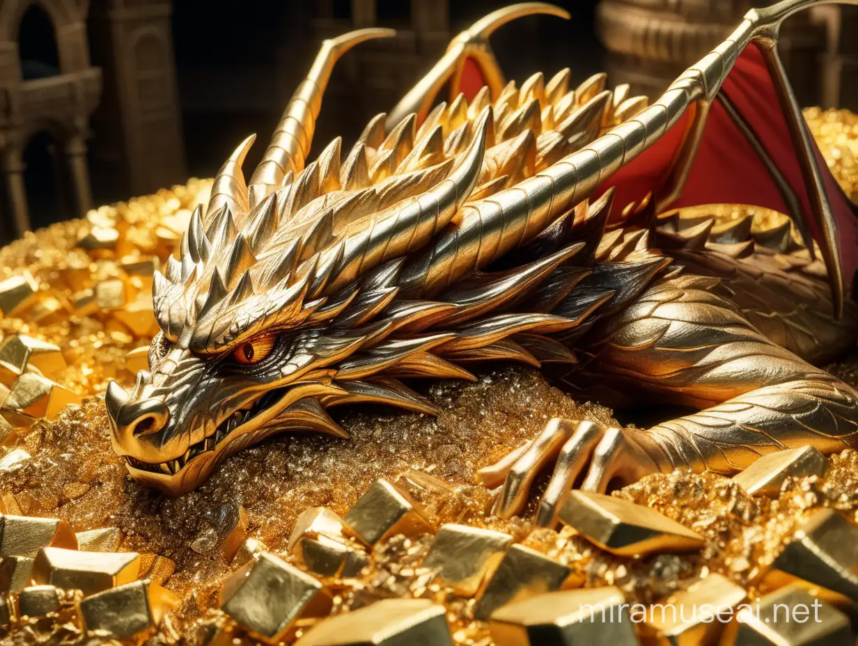 Smaug from Lord of The Rings sleeping on it's gold heap