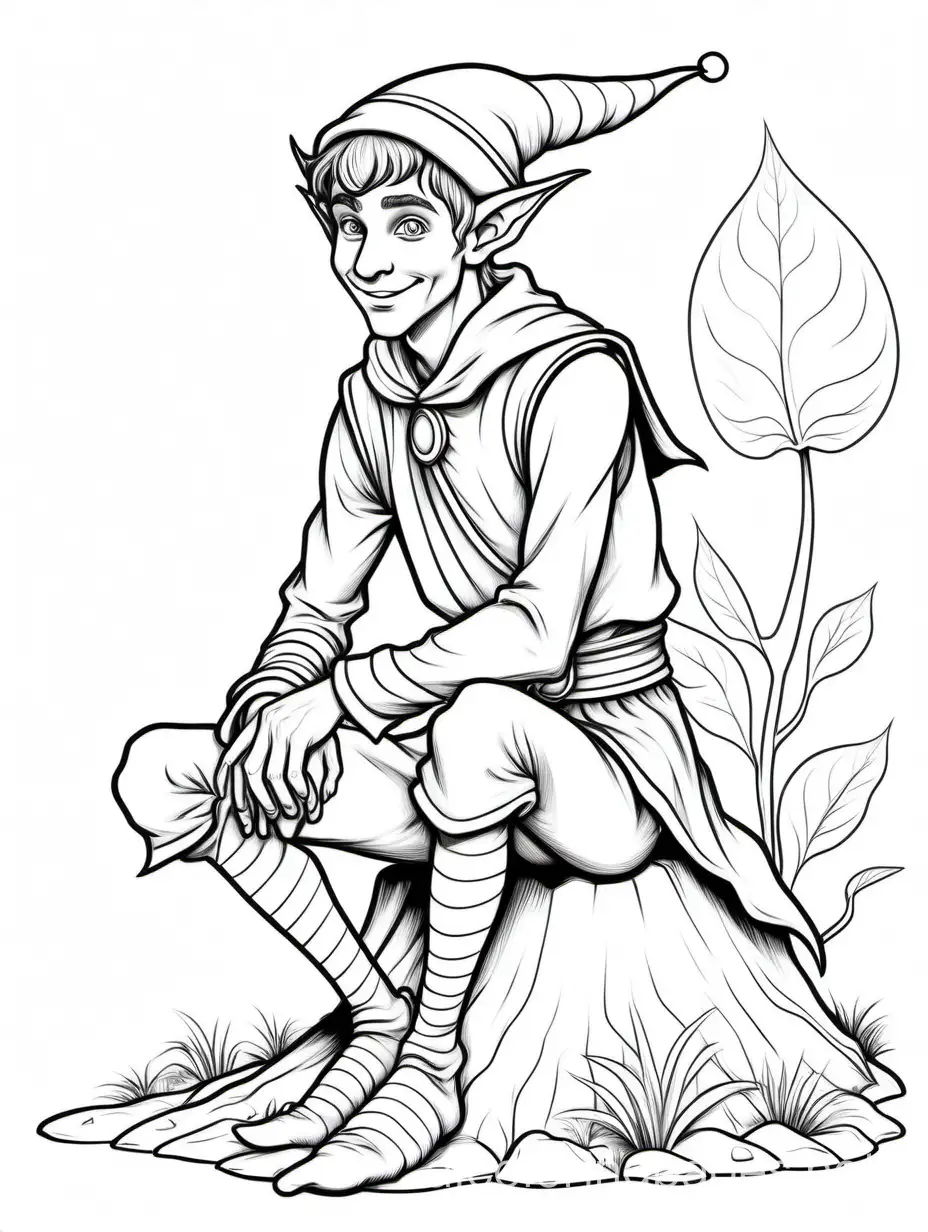 thin black lines, white background, a beautiful young thin, happy male elf with normal human ears. Full body view  of the elf. The elf has normal human ears and he sits on a big mushroo.m The elf has normal human ears., Coloring Page, black and white, line art, white background, Simplicity, Ample White Space. The background of the coloring page is plain white to make it easy for young children to color within the lines. The outlines of all the subjects are easy to distinguish, making it simple for kids to color without too much difficulty