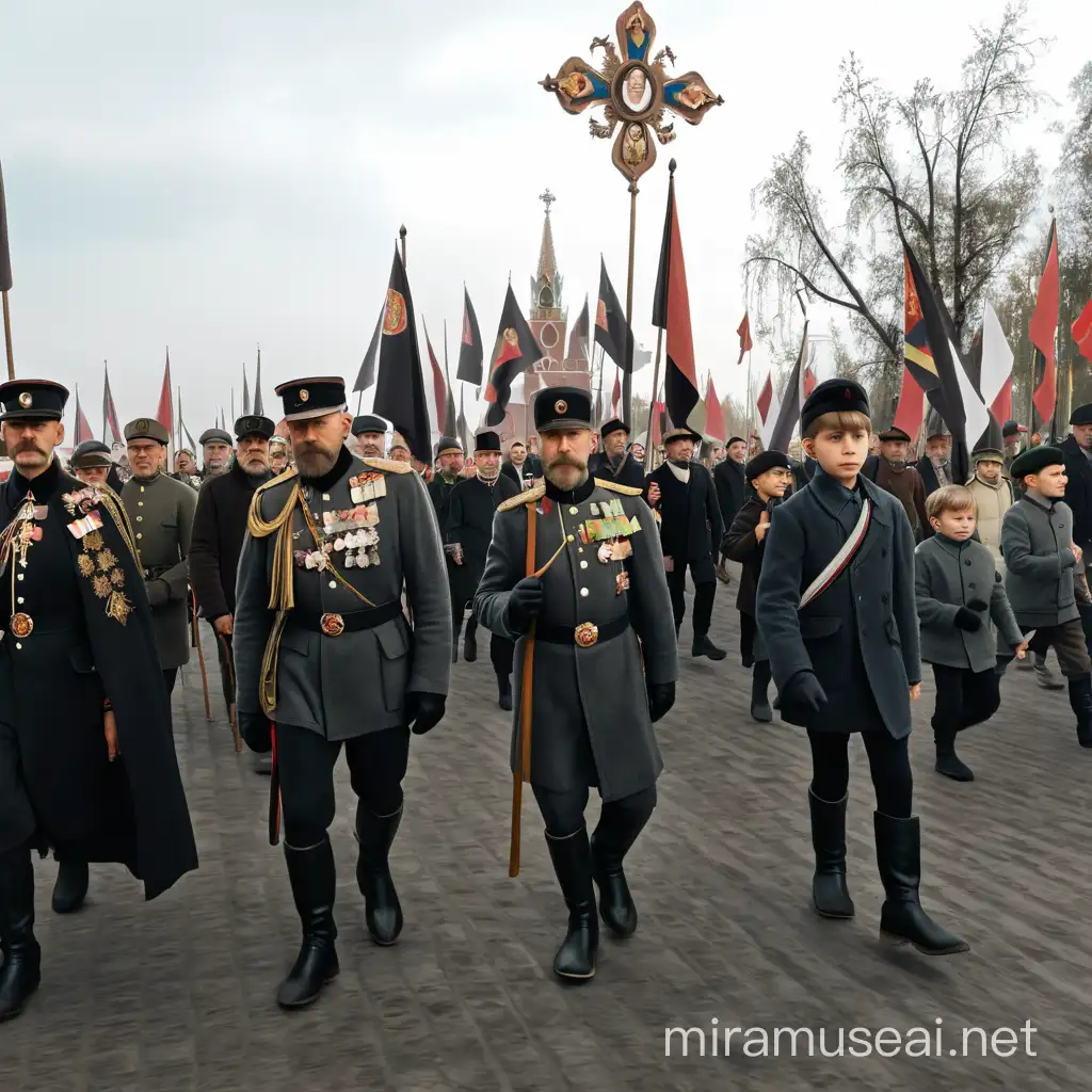Historical March of the Black Hundreds with Tsar Nicholas II Portraits in Early 20th Century Attire