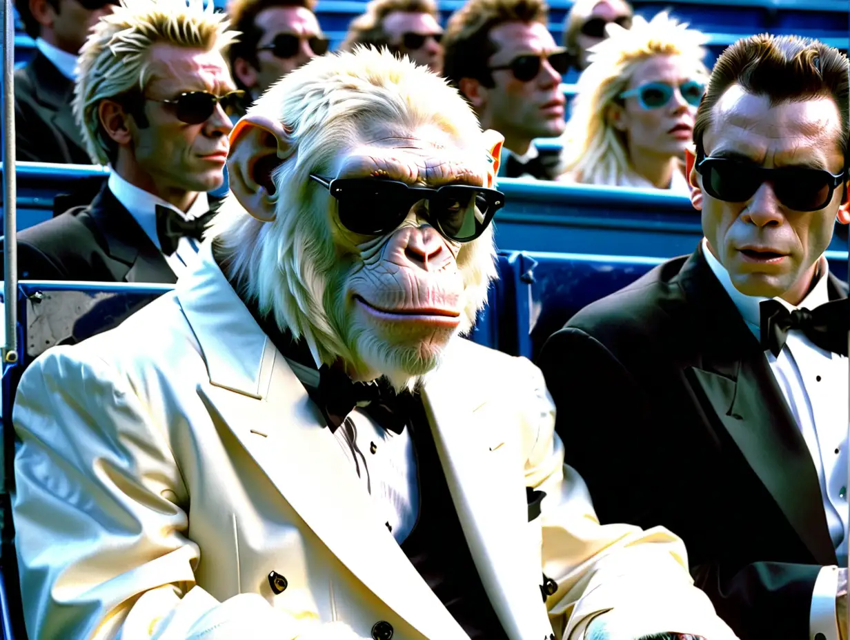 footage from a 1997 action film, white chimp, tuxedo, sunglasses, sports box seats, talking scene