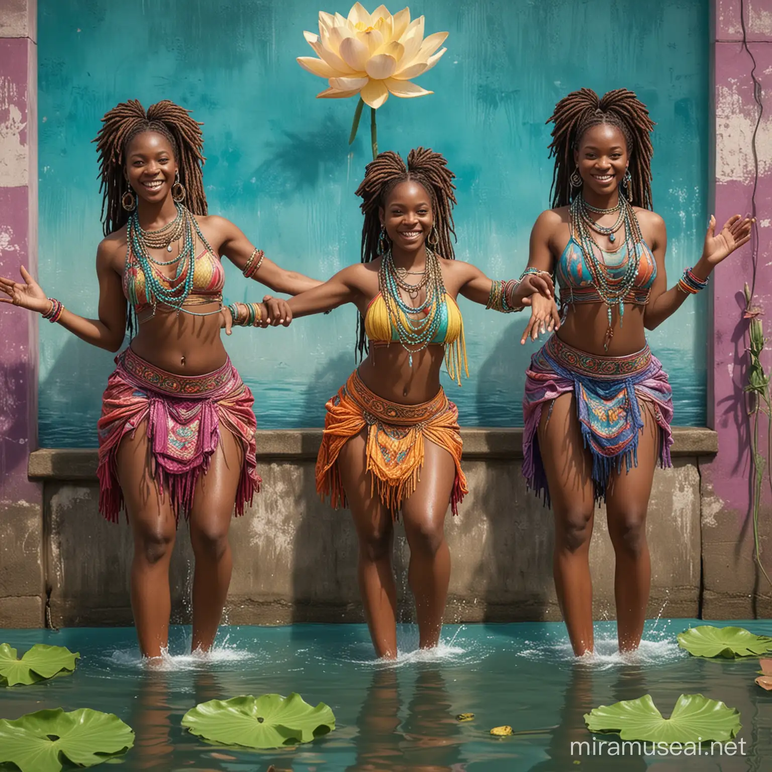 aqua percussion,  3 women squatting up to their hips inside high water, river in cameroon, they are beating on the water surface with their bare hands,  water is splashing,  performing in dynamic and active position, they are slim and extra tall, long dreadlocks, realistic, smiling inside, open hair style, modern large and thick design turquoise and magenta, fingers are in realistic position, position of the hands are hyperrealistic, standing leaning on the wall, necklace and wristbands beads, colorfully abundant, traditional dresses with lotus and african pattern, several layers, all colours, turquoise, purple, green, white, yellow, hip hop style, water lilies, colorful, psychedelic, hyperrealistic, pastel colors on walls wearing off, background blurred, colorful dresses, lotus and water lilies, sunrise, background psychedelic, hyperrealistic