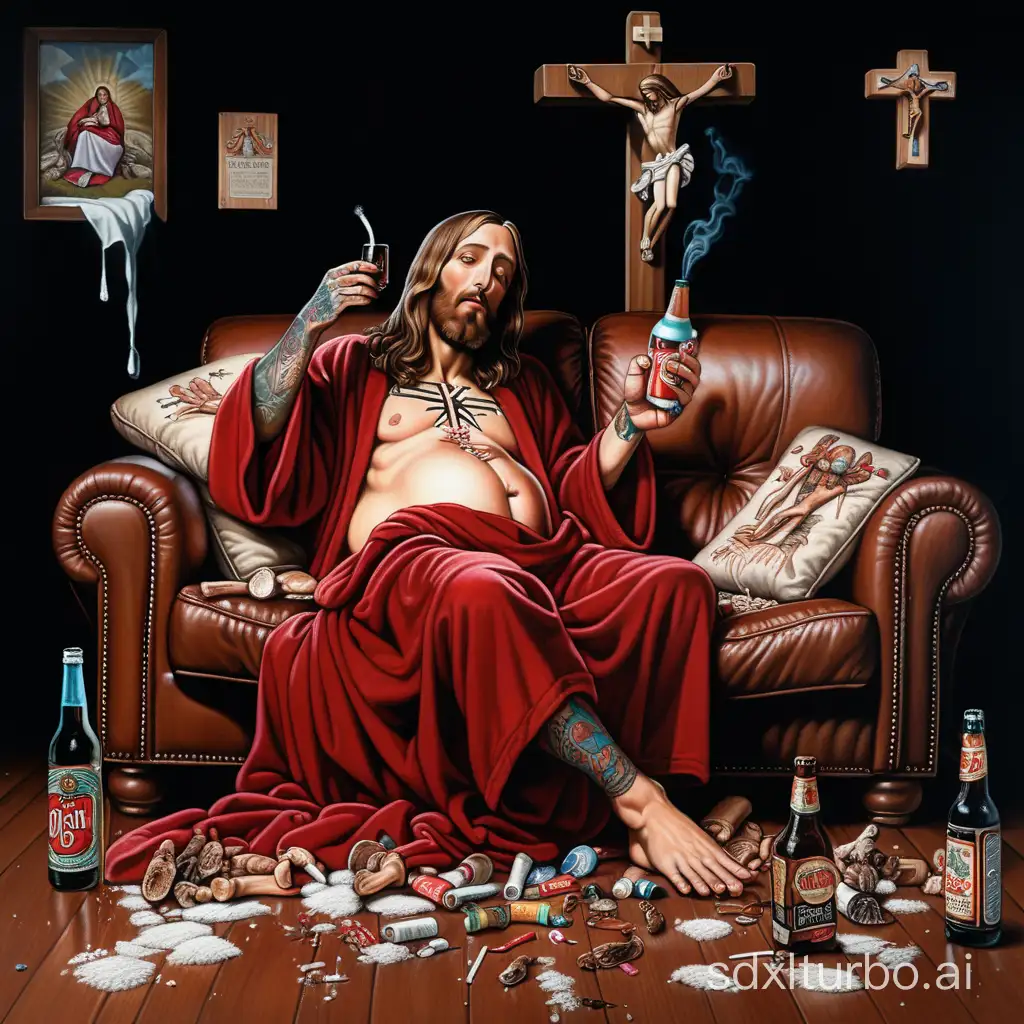 9 months pregnant heavily tattooed Jesus Christ wearing brown dressing gown is eating red magic mushrooms on couch smoking a cigarette broken beer bottles scattered all over the floor. Crucifixes all over the black walls. Lines of cocaine on small sheet of glass on top right arm of couch