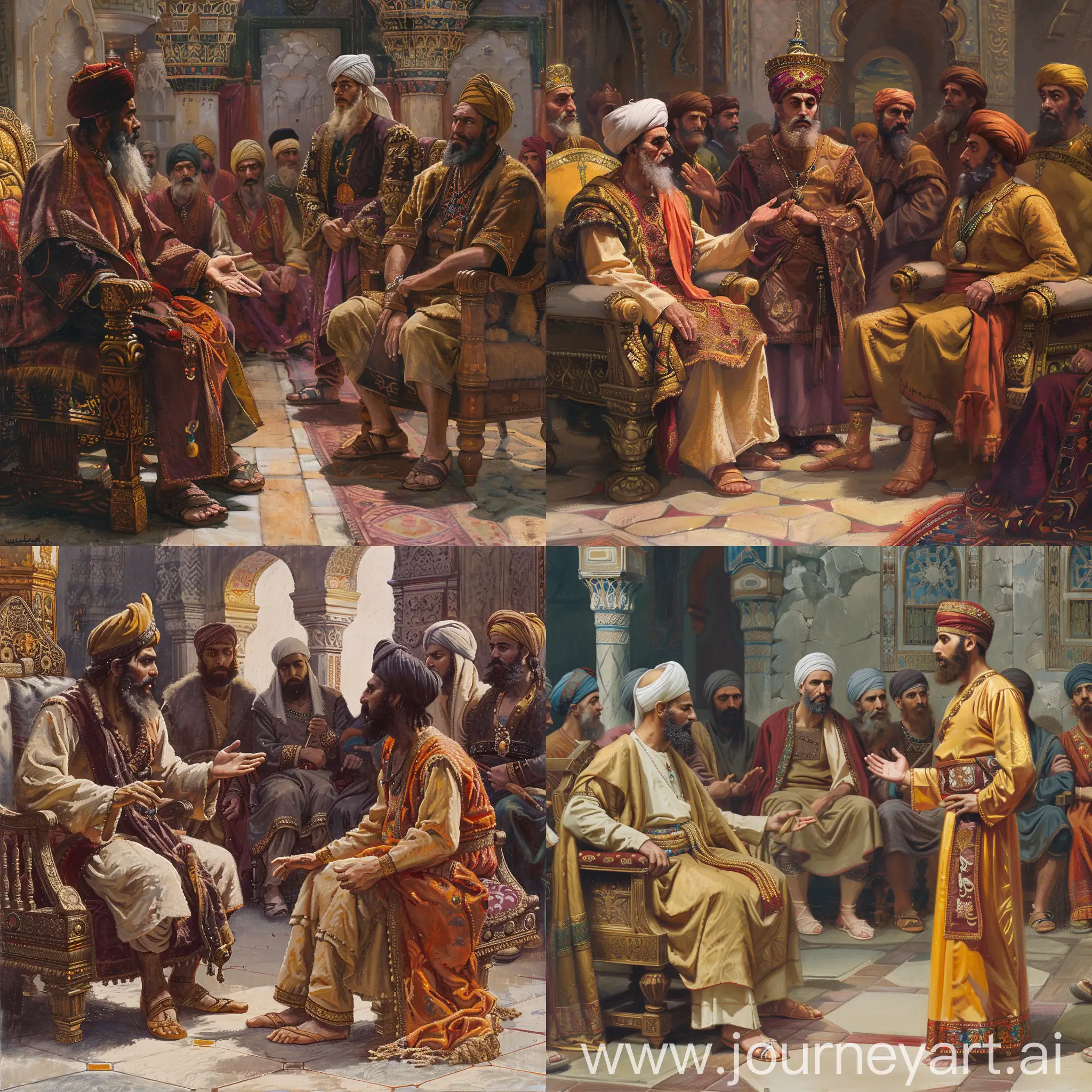 Year is 1500 CE. Imagine the court of a muslim king. The muslim king 40 years old is sitting on a throne and his son 20 years old standing in front of him. Some argument is going on between the two of them. Other courtiers sitting in the background are watching them.