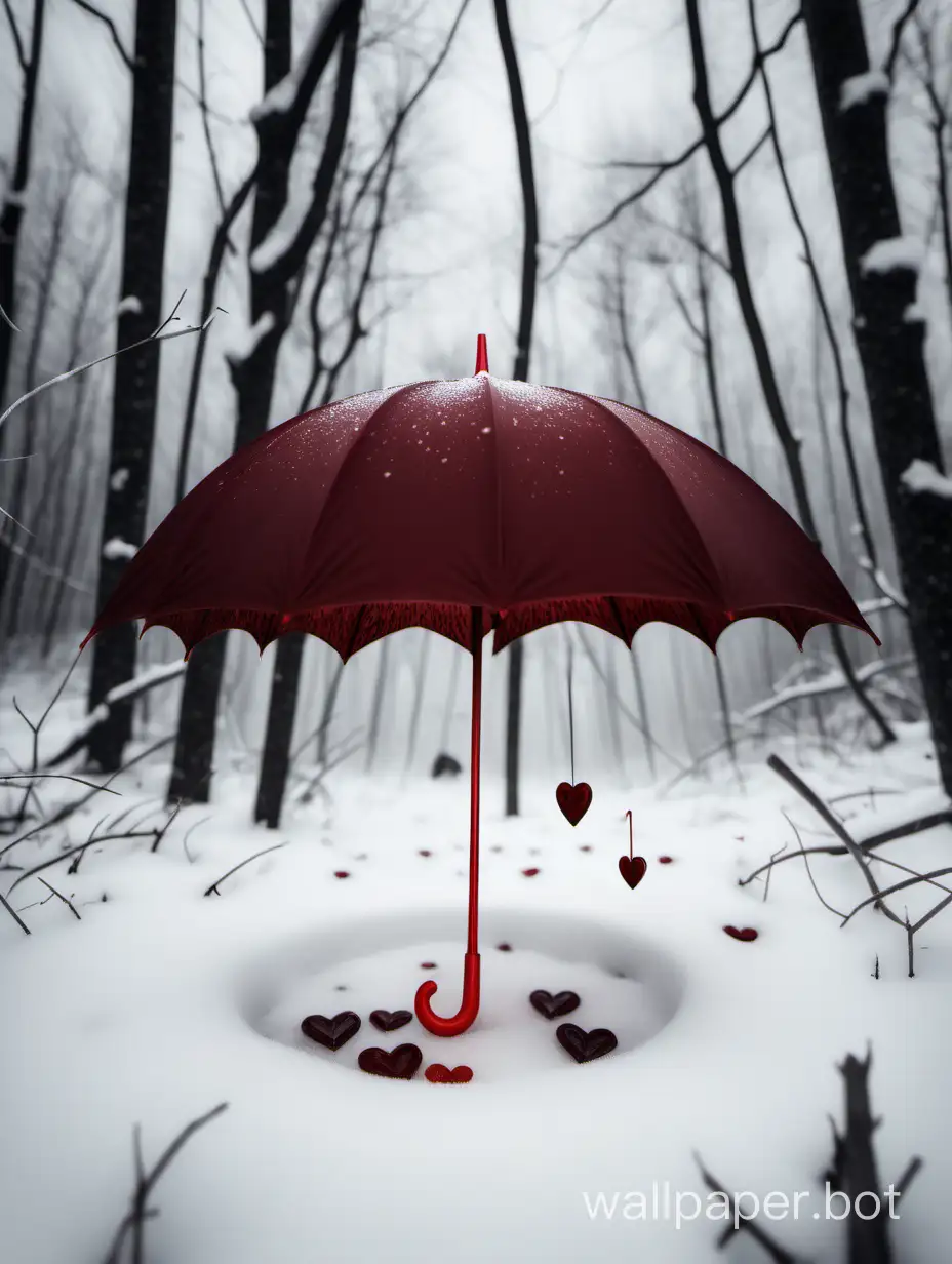 Valentine's Day, holiday, feelings, small details. Winter forest, gloomy, romantic, black and white, transparent light, clearings, deep background. In the center on the snow lies an open, non-transparent, bloody red, crimson umbrella, lying on its side. Romance, small deposits in the form of burgundy hearts, high quality. Unseen creature, hidden in the forest.
