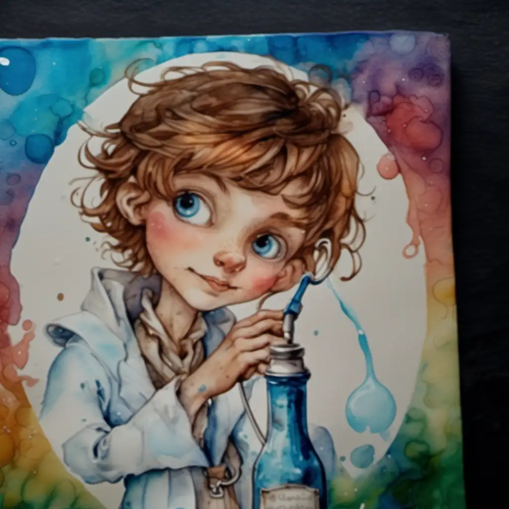 A watercolour fairytale style in the style of rackham a pixie doctor  wearing a white coat and a stethoscope holding a big bottle of fizzy blue liquid

