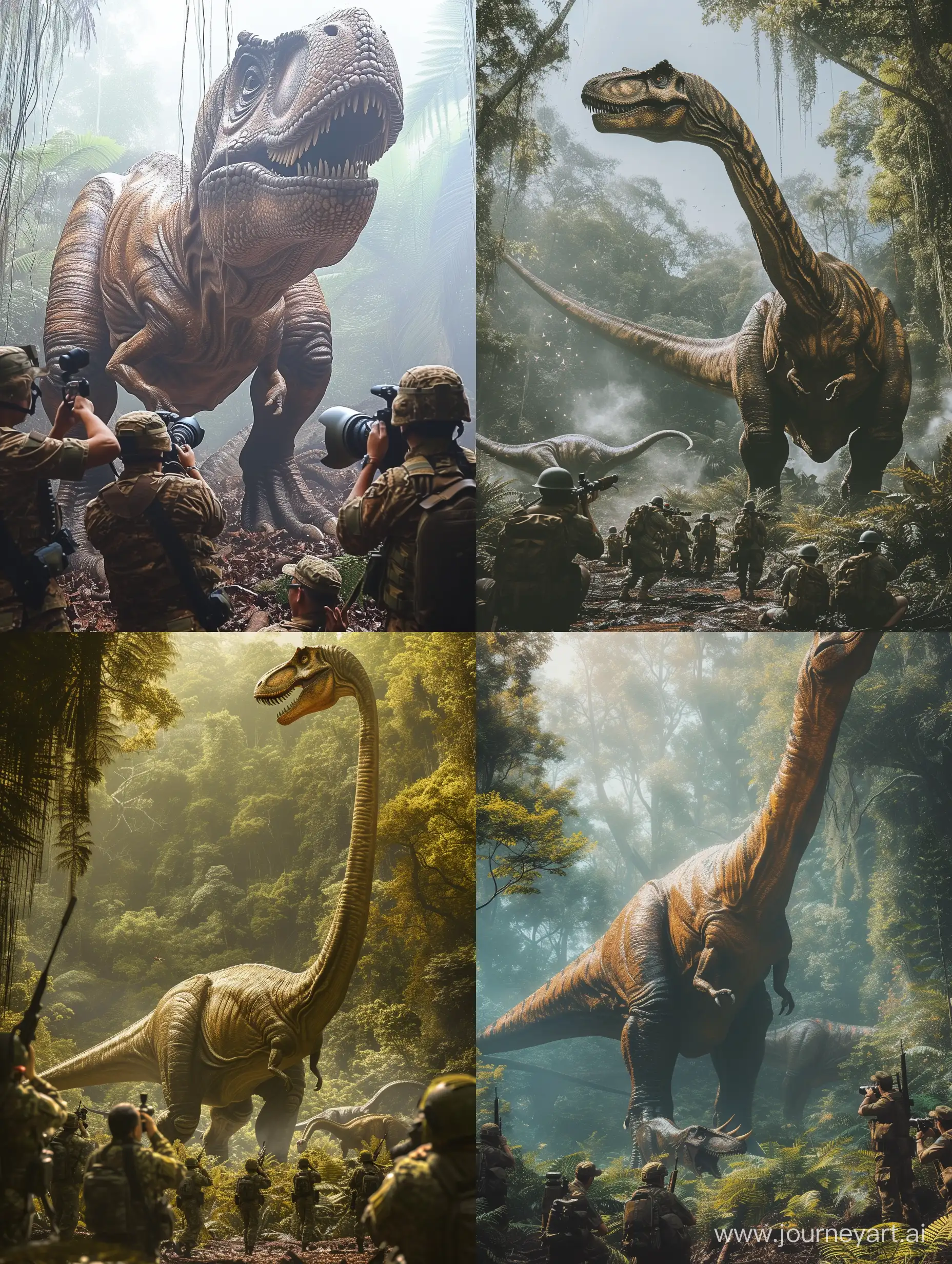 Orang Indonesia memotret dinosaurus sangat besar di hutan realistis hd 8k estetik keren di temani tentara Indonesia yang beraksi ingin menembak dinosaurus yang banyak