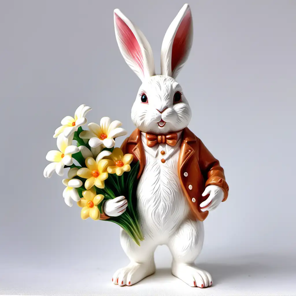 Elegant Easter Resin Rabbit with Flowers on White Background