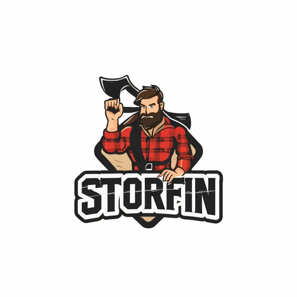 a logo design,with the text "Storfin", main symbol:A logger with a beard in red plaid shirt,complex,be used in Technology industry,clear background
