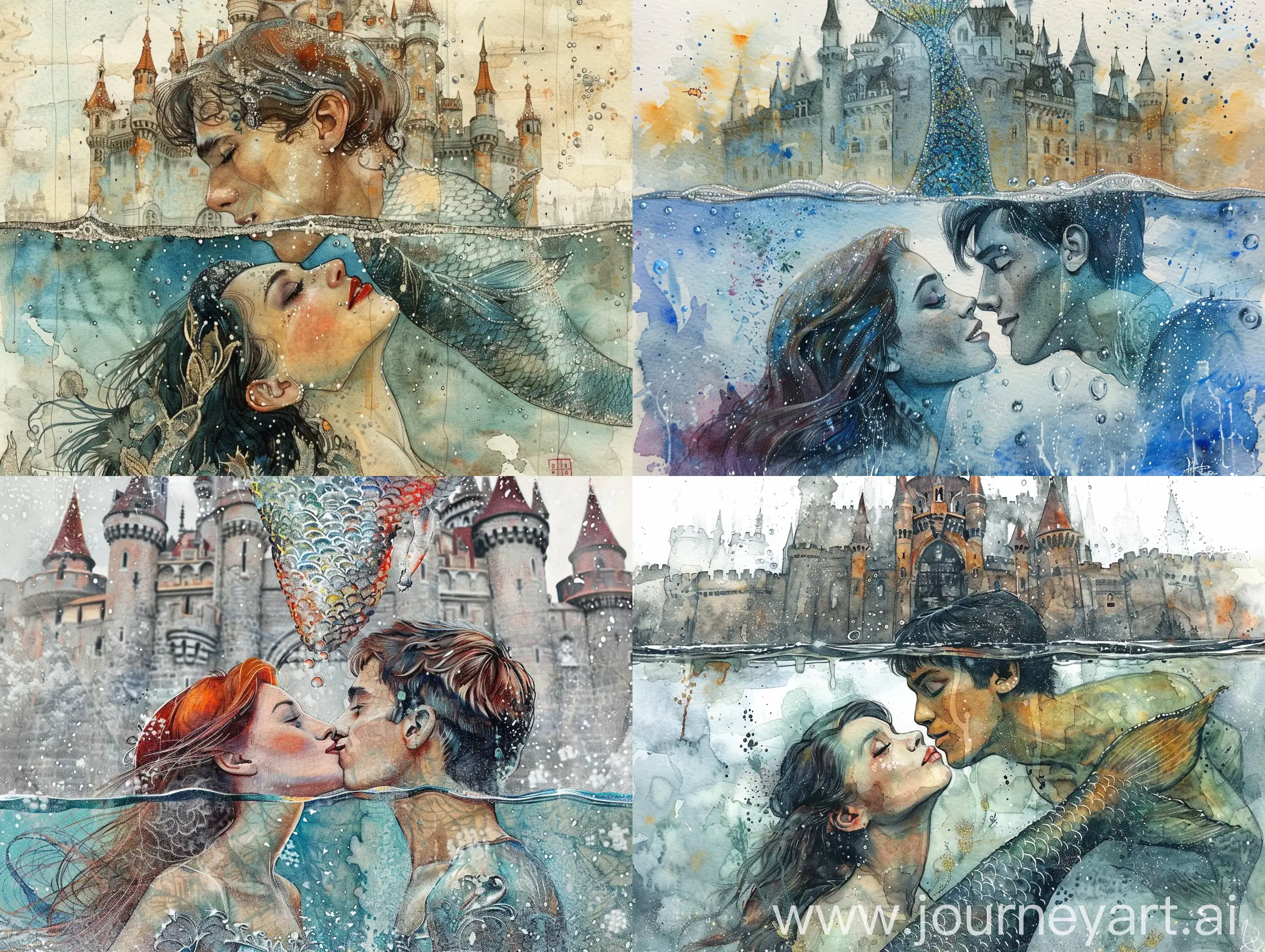 Enchanting-Watercolor-Kiss-Mermaid-and-Prince-Embrace-by-Castle