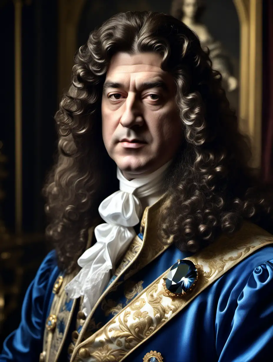 Cinematic Portrait of King Louis XIV with Hope Diamond Cravat Pin in Gothic Royalty Setting