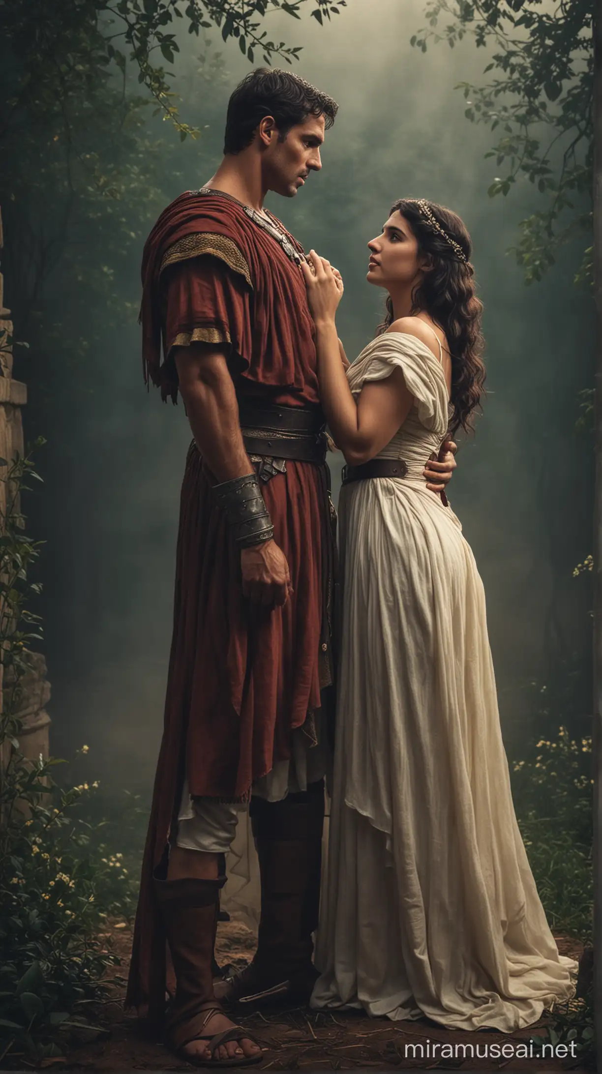 Mark Antony and Octavia in love and romance in moody background