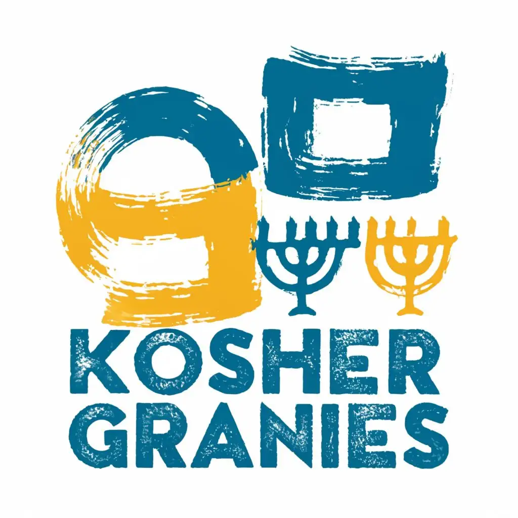 logo, Israel, yellow, blue, white, Menora Paul Klee, with the text "Kosher Grannies", typography, be used in the automotive industry