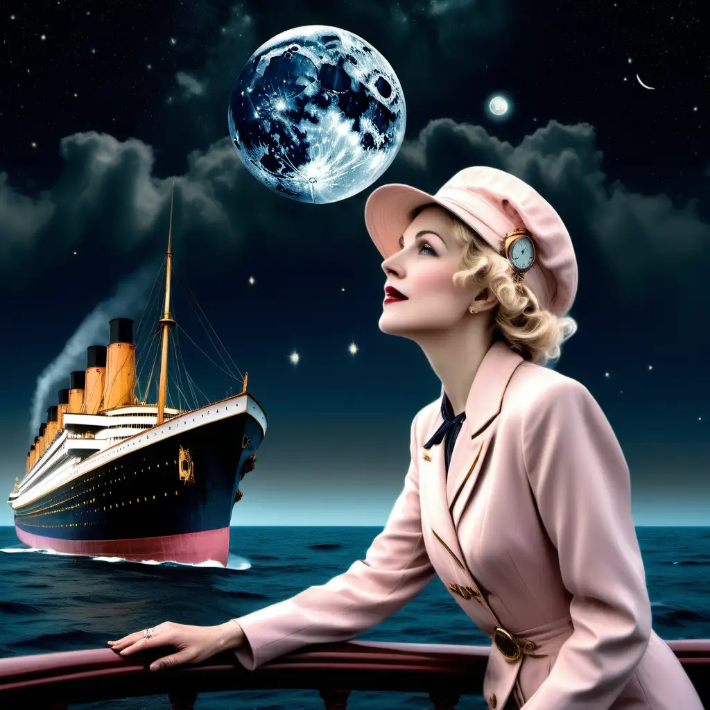 A starseed astrologer woman, in her 40s, stands on top of the titanic ship, the moon is shining bright, planets coming out of her head, wears 1920s classy clothes, hat, white skin, short blonde hair, confident, wise, dark sea, iceberg, looks up at the sky, quiet, smile, contemplation, planets above her head, the night sky is cold, pink peach planets bursting out of her head, unafraid, brave, courageous, clock