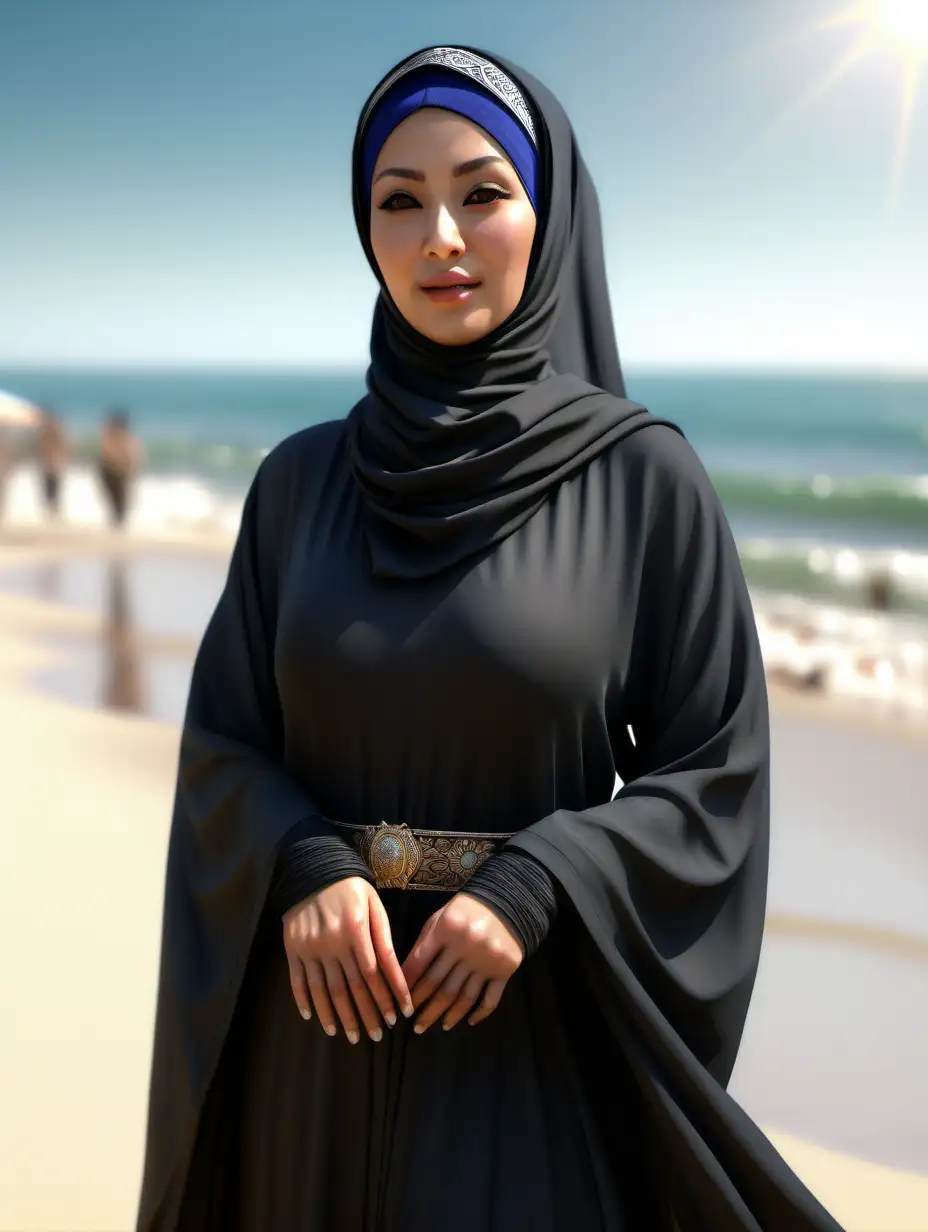 ((Cinematic lighting)) Best quality, masterpiece, ultra high res, (photorealistic:1.4), 1 woman middle age pan asian wear hijab and abaya on the sunny beach, detailed face, detailed eyes, Unreal Engine, (best illumination, an extremely delicate and beautiful),