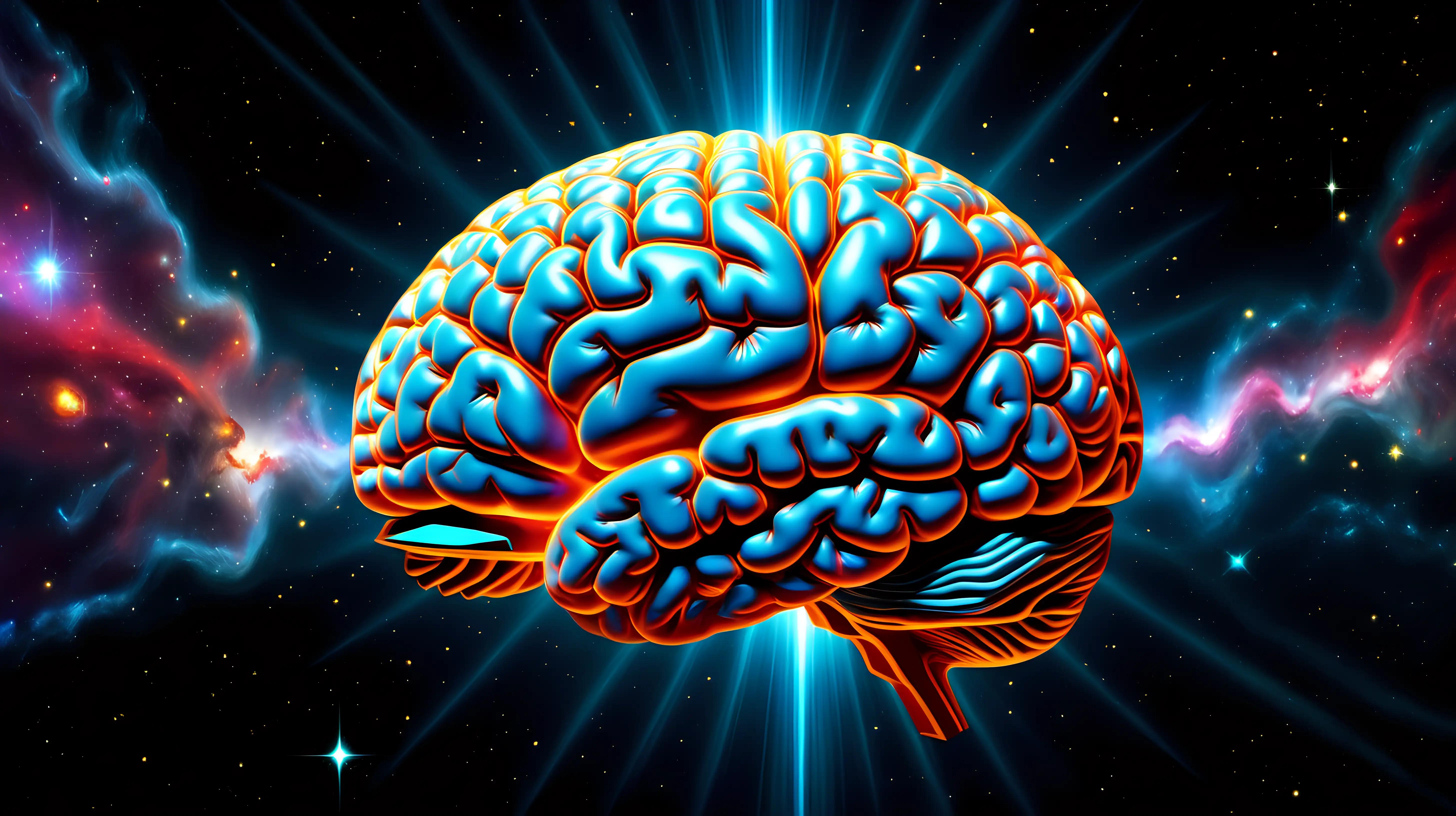 A celestial rendering of a brain in space, with radiant lights casting a glow on its convoluted surface, symbolizing the brilliance of human thought.