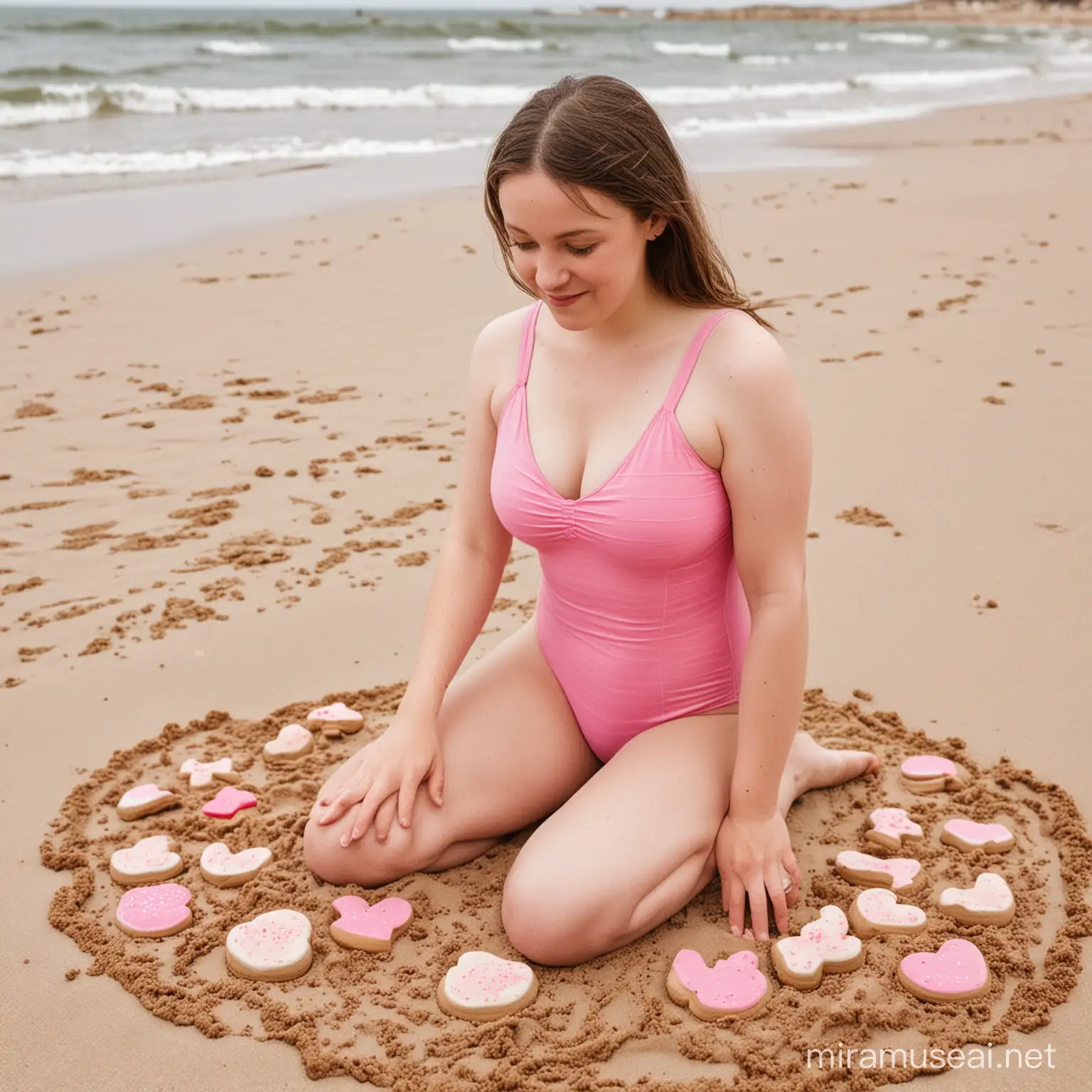 intellectually disabled down syndrome woman on the sandy beach makinng sand cakes, she is wearing a pink bathing suit