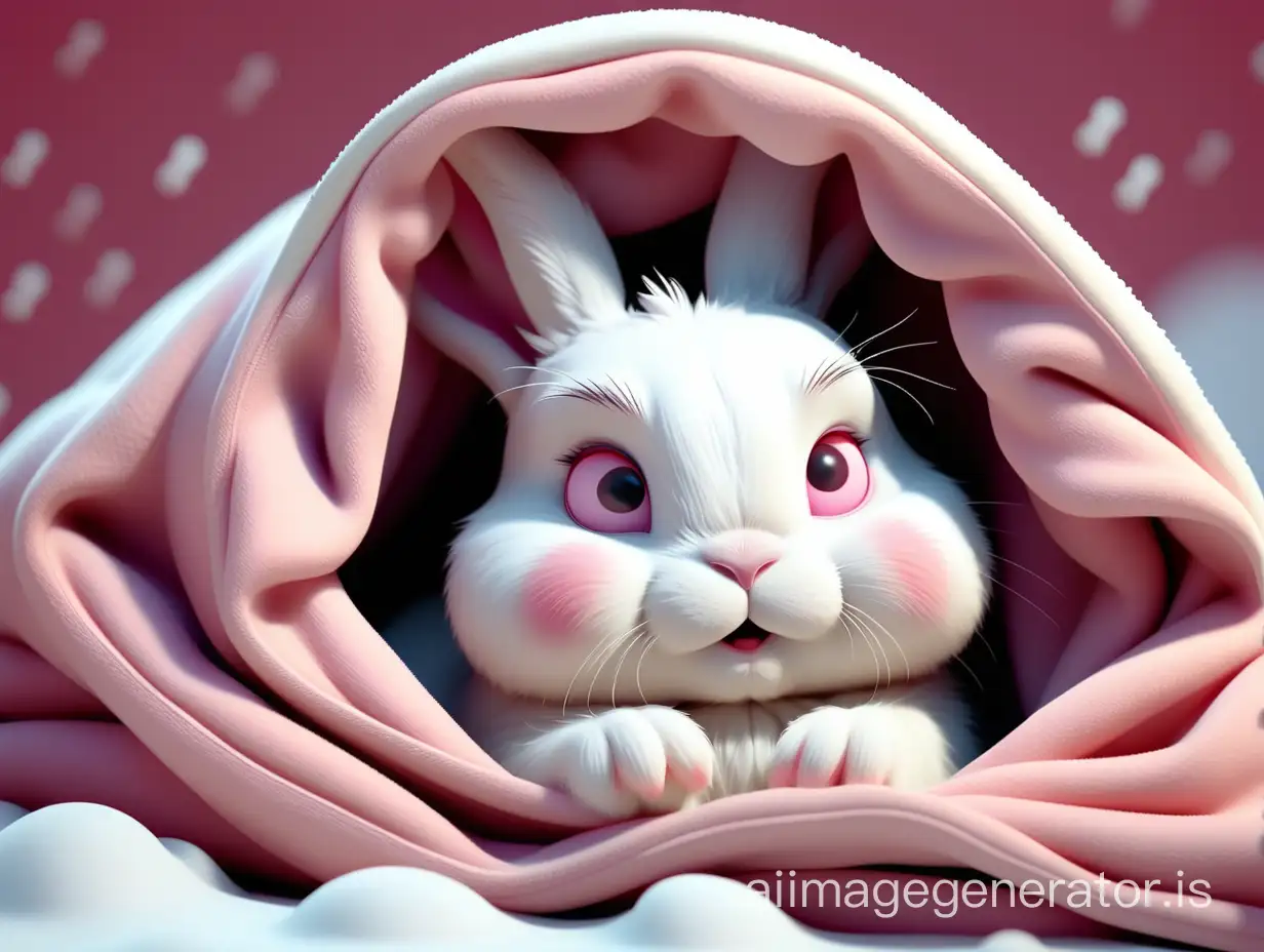 Cute little white rabbit hiding in a warm blanket to avoid the cold. Background is snowy 3D 4K resolution in pink tones.