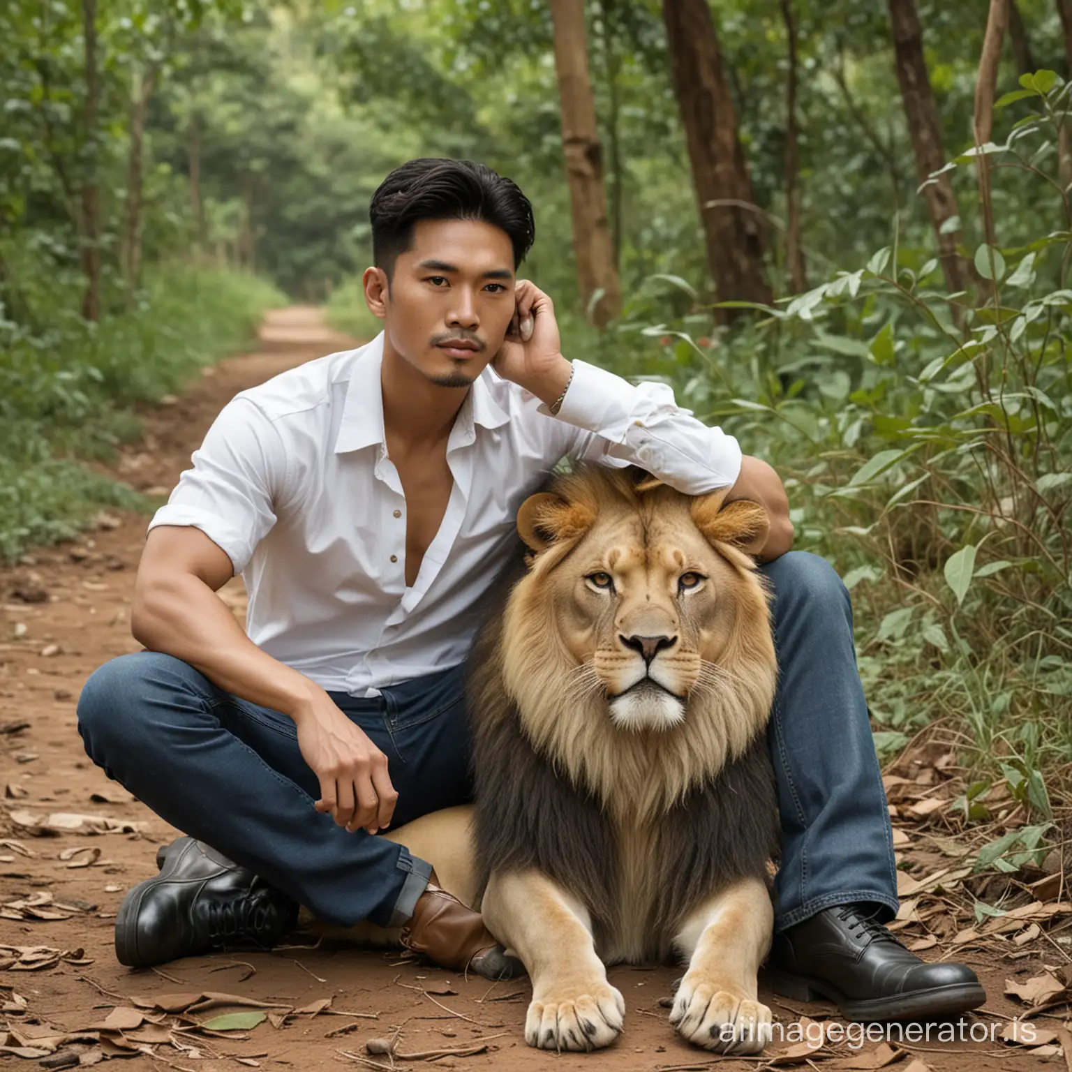 Image of Handsome Korean Indonesian Man (37), Hair Combed Back. a lion sitting on the ground together. The man was wearing a black shirt, white undershirt, jeans and leather shoes. The lion seemed still and the man was holding the lion. They are in the forest.