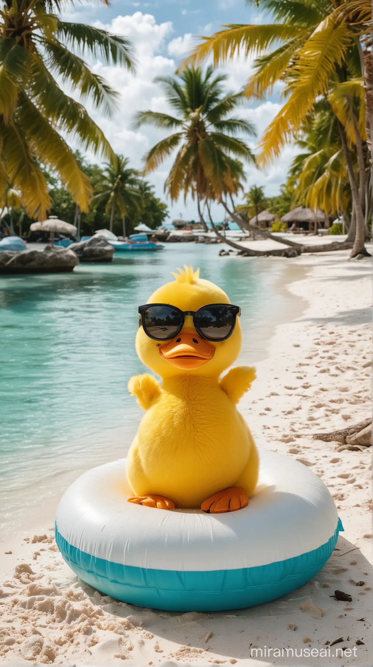 Котенок на Мальдивах на фоне бирюзовая лагуна пальмы кокосы у него рядом надувной круг в виде желтой уточки он лежит на белоснежном песочке на нем черные солнцезащитные очки 
