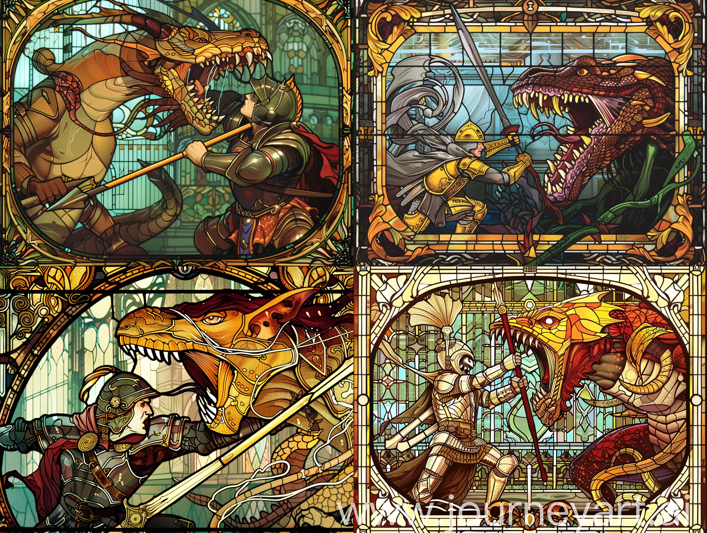 Epic-Battle-Warrior-Confronts-Monstrous-Serpent-in-Art-Nouveau-Stained-Glass