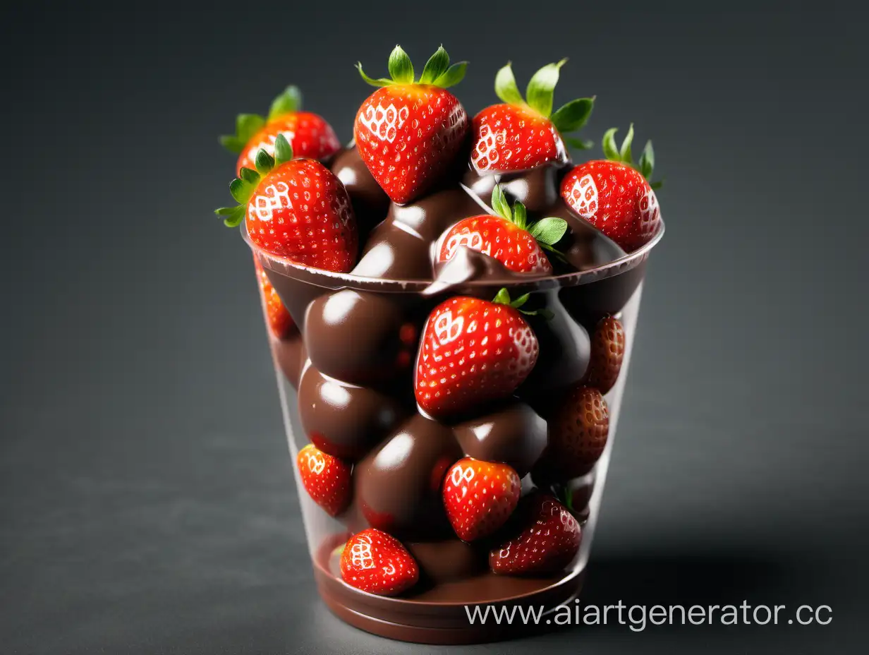 plastic transparent cup with a lot of strawberries in chocolate not cut png