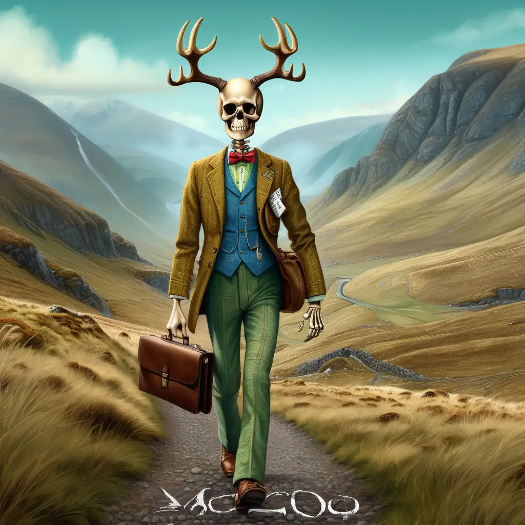 /imagine: surreal artistic impression of a man wearing a green tweed suit, a blue shirt and red bow tie, yellow waiscoat, mystical, Head is a skull with brown antlers coming out of either side. Man is wearing brown bowler hat, skeleton hands, walking in the hills of the scottish highlands, carring a brown leather briefcase with the words 'GOALS' written in gold lettering