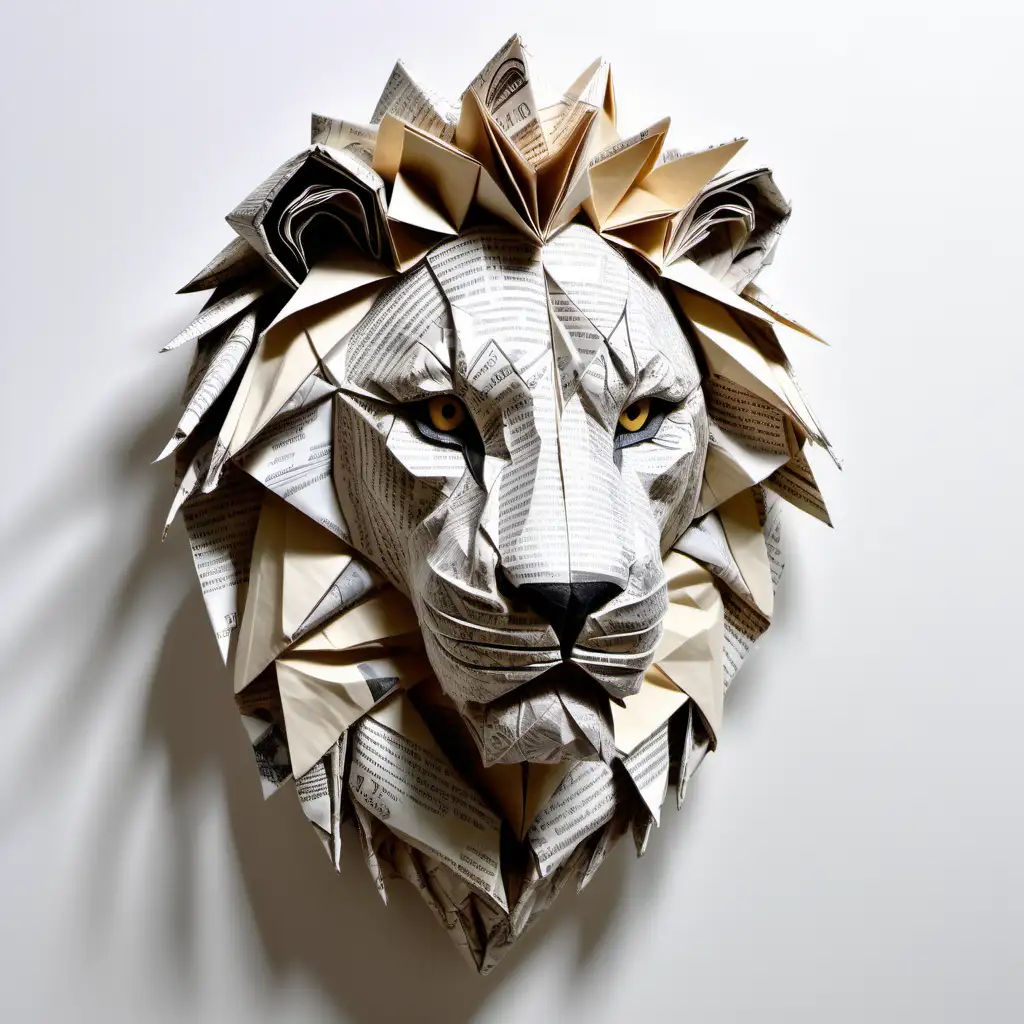 Captivating Lion Head Origami Sculpture from Crumpled Newspapers