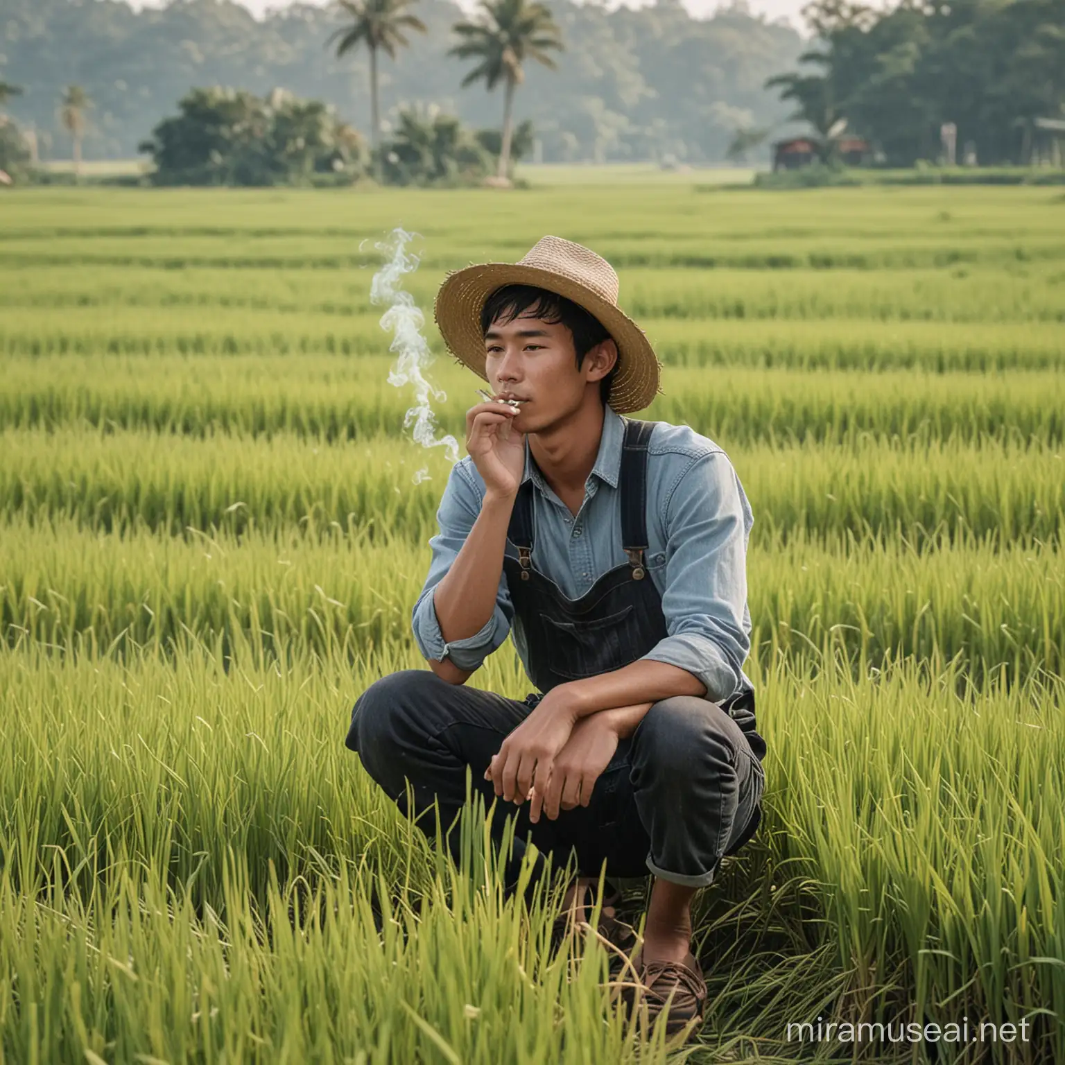 Rural Serenity Young Farmer Relaxing in Rice Field