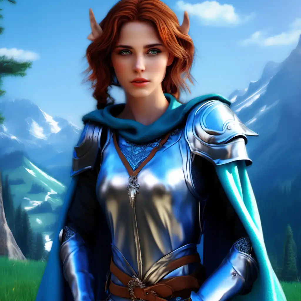 Photo of elf girl in silver armor, super detailed beautiful face, realistic features, delicate skin, radiant eyes, expressive eyebrows, luscious lips, defined cheekbones, flawless complexion, intricate hair strands, vibrant colors, lifelike shadows, high-resolution, impeccable artistry, red hair, long hair, hair down, green eyes, full perfect face, closed mouth, Caucasian face, caucasian facial features, European facial features, face resembles original image, smiling, long elf ears, teen, elegant, cute, beautiful, petite, short hight, mischievous smile, silvery plate armor, clothed legs, long blue wool cloak, fully clothed, blue shirt under armor, blue pants, standing up, female full-skin figure, idyllic mountain background, sunlight, medieval fantasy, extreme detail, sharp focus*m, ultra high quality model, cinematic, hyper realism, detailed fingers, beautiful hands, high resolution, detailed face, detailed eyes, beautiful eyes, Hair Back, Long Hair, Over Shoulder Hair, Wavy Hair, Bangs, Red Hair, Hair Down, Beautiful Detailed Eyes, Bright Big Eyes, Green Eyes, Hyperrealistic Eyes, Ultra Detailed Iris, Light Smile, Pointy Ears, Closed Mouth, Big Lips, Boots, Detailed Breastplate Silver Armor With Dragon Head Engraving, Belt, Amulet, Looking At Viewer, Hands On Hips, Mountain, Grass, Forest, Outdoors, Alps, Clear Day, Scenery, Stunning, Detailed, Noon, Daytime, spring, Sunlight, Cinema Light, Tactical Use Of Shadow