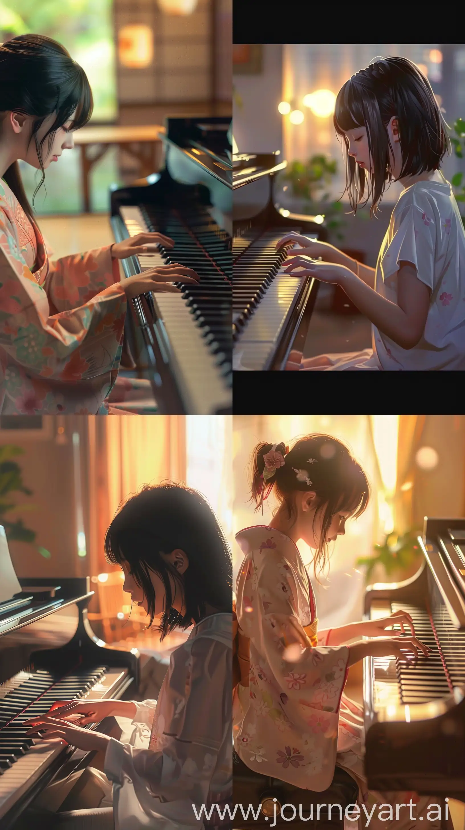 A photorealistic depiction of a Japanese girl with delicate hands, playing piano in a softly lit room, reflecting a serene ambiance, high-resolution detail, soft lighting --ar 9:16 --v 6.0 --v 6 --ar 1:1 --no 13413